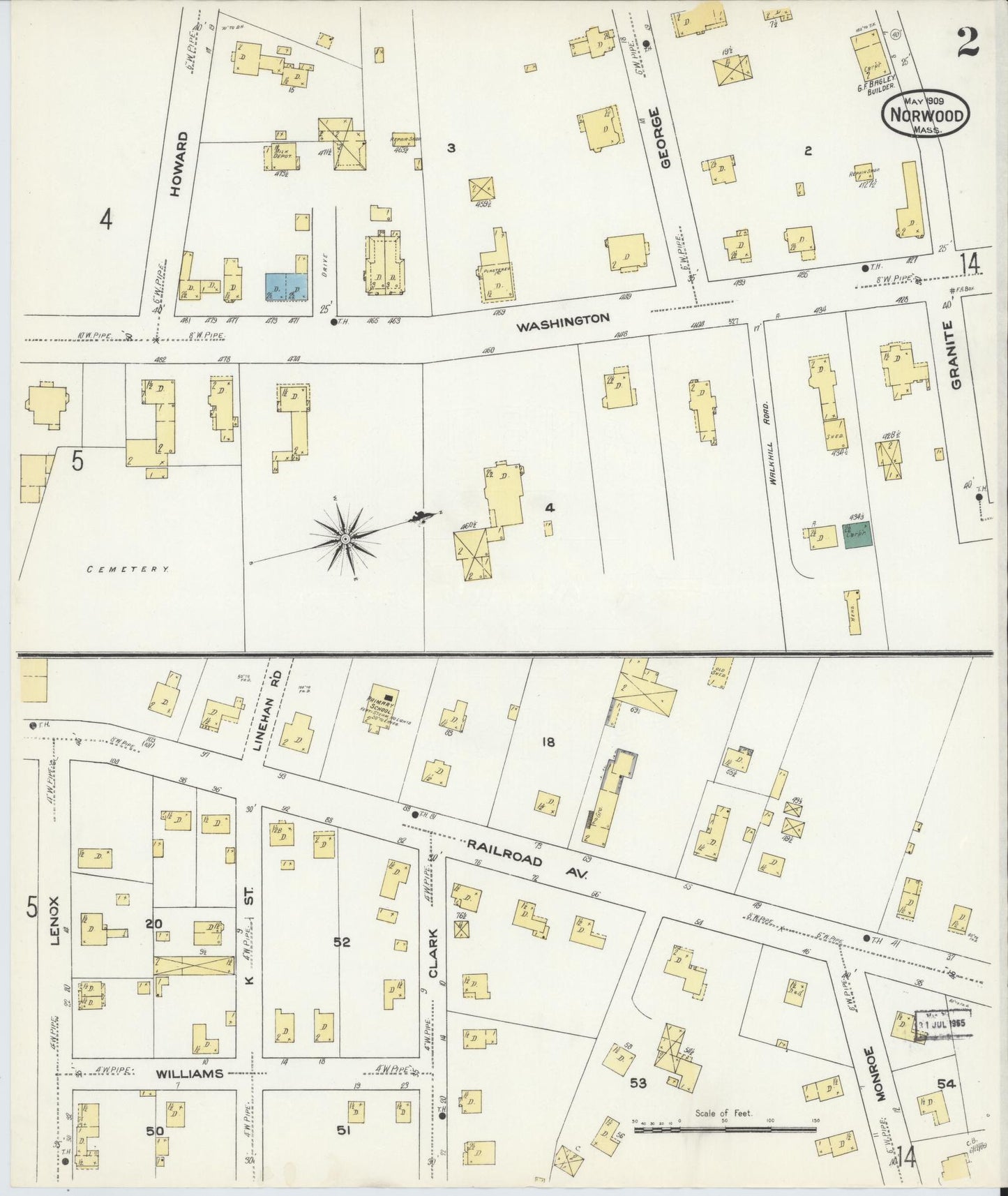 Sanborn Fire Insurance Map from Norwood, Norfolk County, Massachusetts (1909), Sheet #0002 - Historic Sanborn Fire Insurance Map Print, vintage old map wall art, antique decor, genealogy gift, Massachusetts Massachusetts map