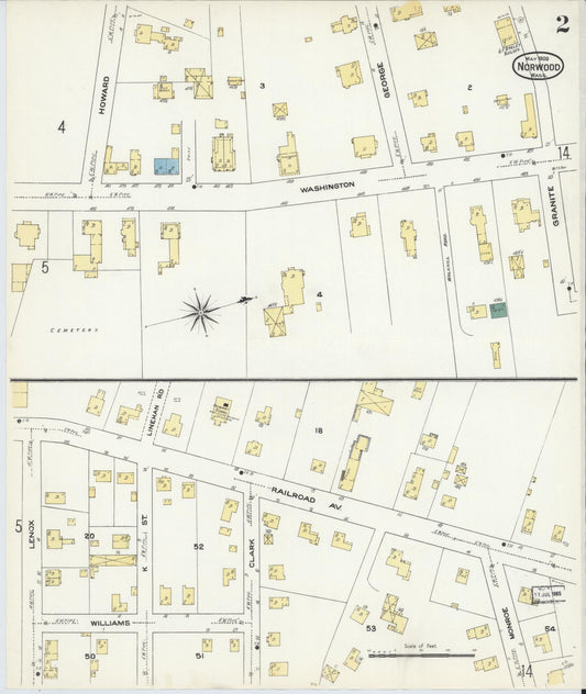 Sanborn Fire Insurance Map from Norwood, Norfolk County, Massachusetts (1909), Sheet #0002 - Historic Sanborn Fire Insurance Map Print, vintage old map wall art, antique decor, genealogy gift, Massachusetts Massachusetts map