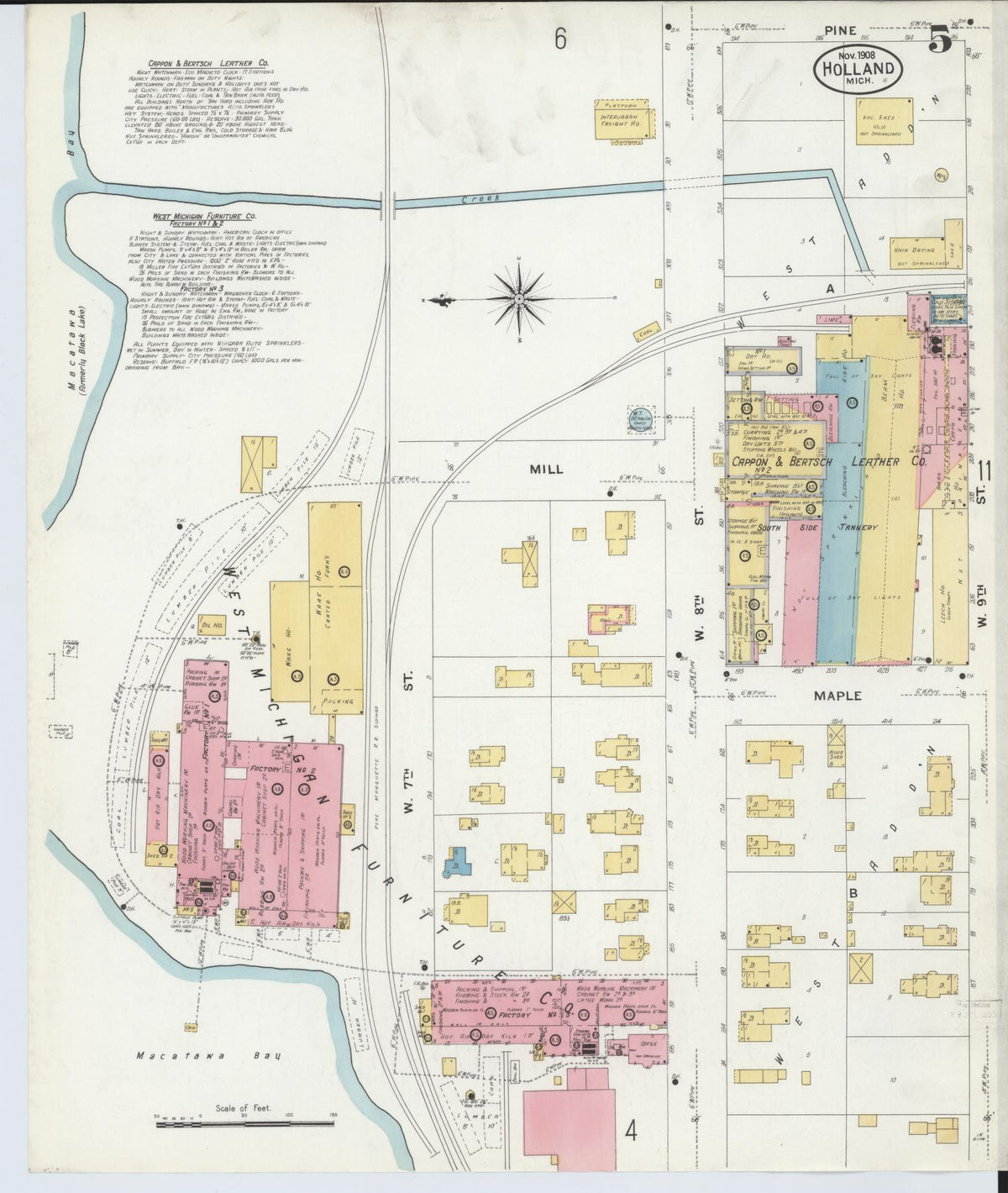 Sanborn Fire Insurance Map from Holland, Ottawa County, Michigan (1908), Sheet #0005 - Historic Sanborn Fire Insurance Map Print, vintage old map wall art, antique decor, genealogy gift, Michigan Michigan map