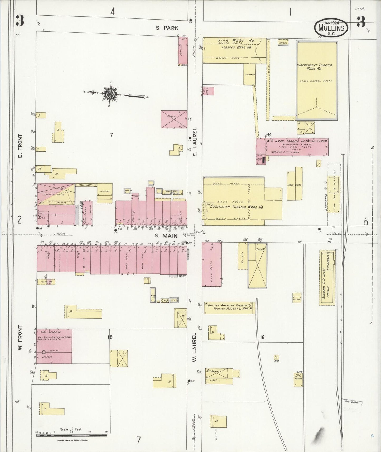 Sanborn Fire Insurance Map from Mullins, Marion County, South Carolina (1924), Sheet #0003 - Complete Map Set gallery image, historic Sanborn map, vintage wall art, South Carolina South Carolina