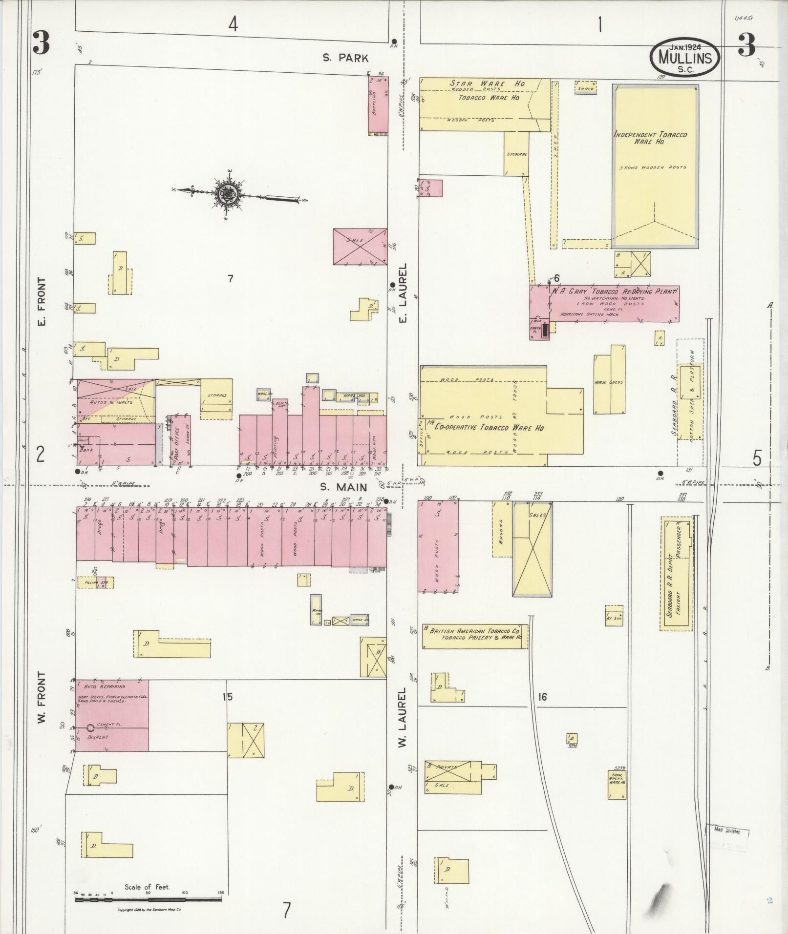 Sanborn Fire Insurance Map from Mullins, Marion County, South Carolina (1924), Sheet #0003 - Complete Map Set gallery image, historic Sanborn map, vintage wall art, South Carolina South Carolina