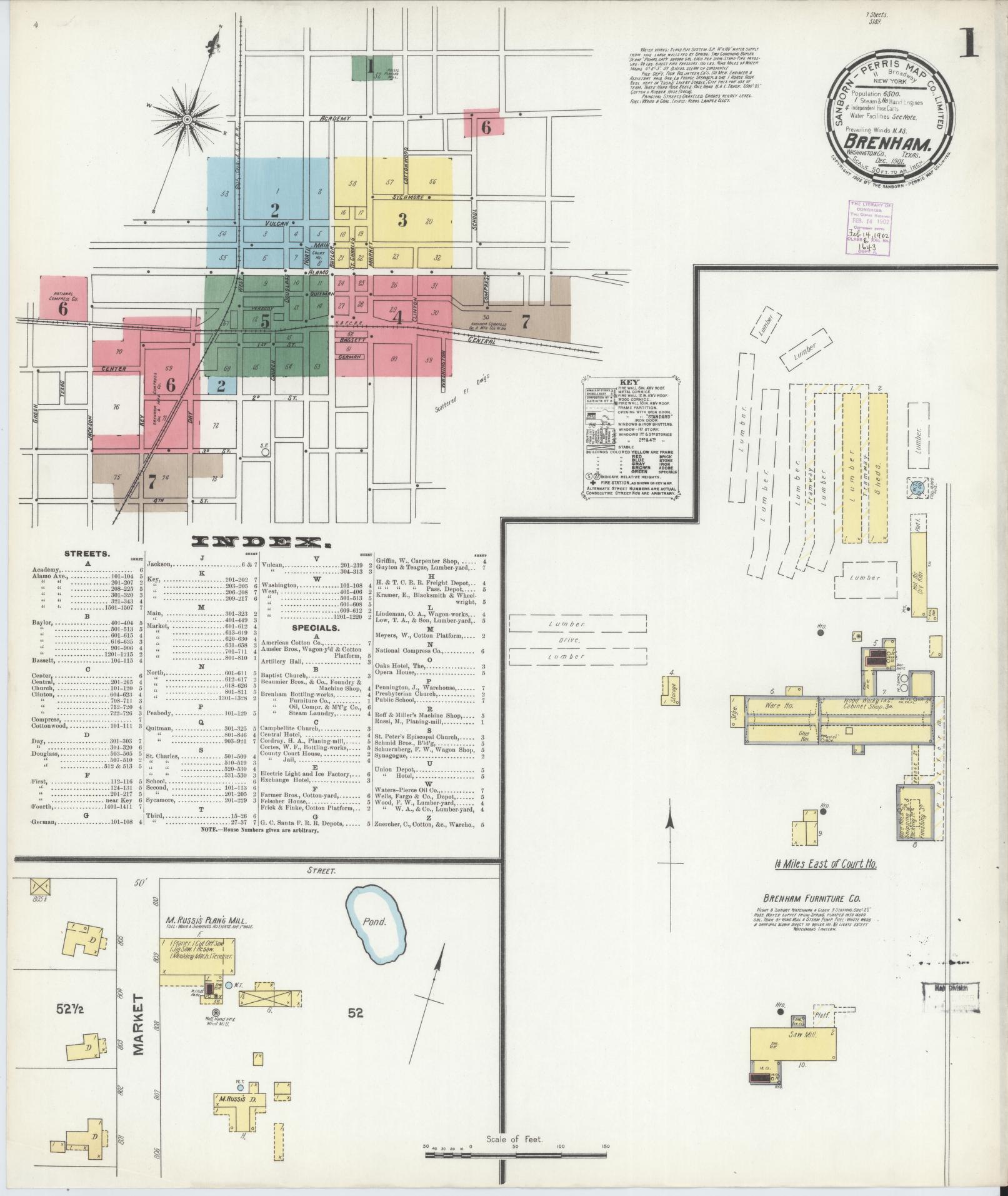 Sanborn Fire Insurance Map from Brenham, Washington County, Texas (1901), Sheet #0001 - Historic Sanborn Fire Insurance Map Print, vintage old map wall art, antique decor, genealogy gift, Texas Texas map