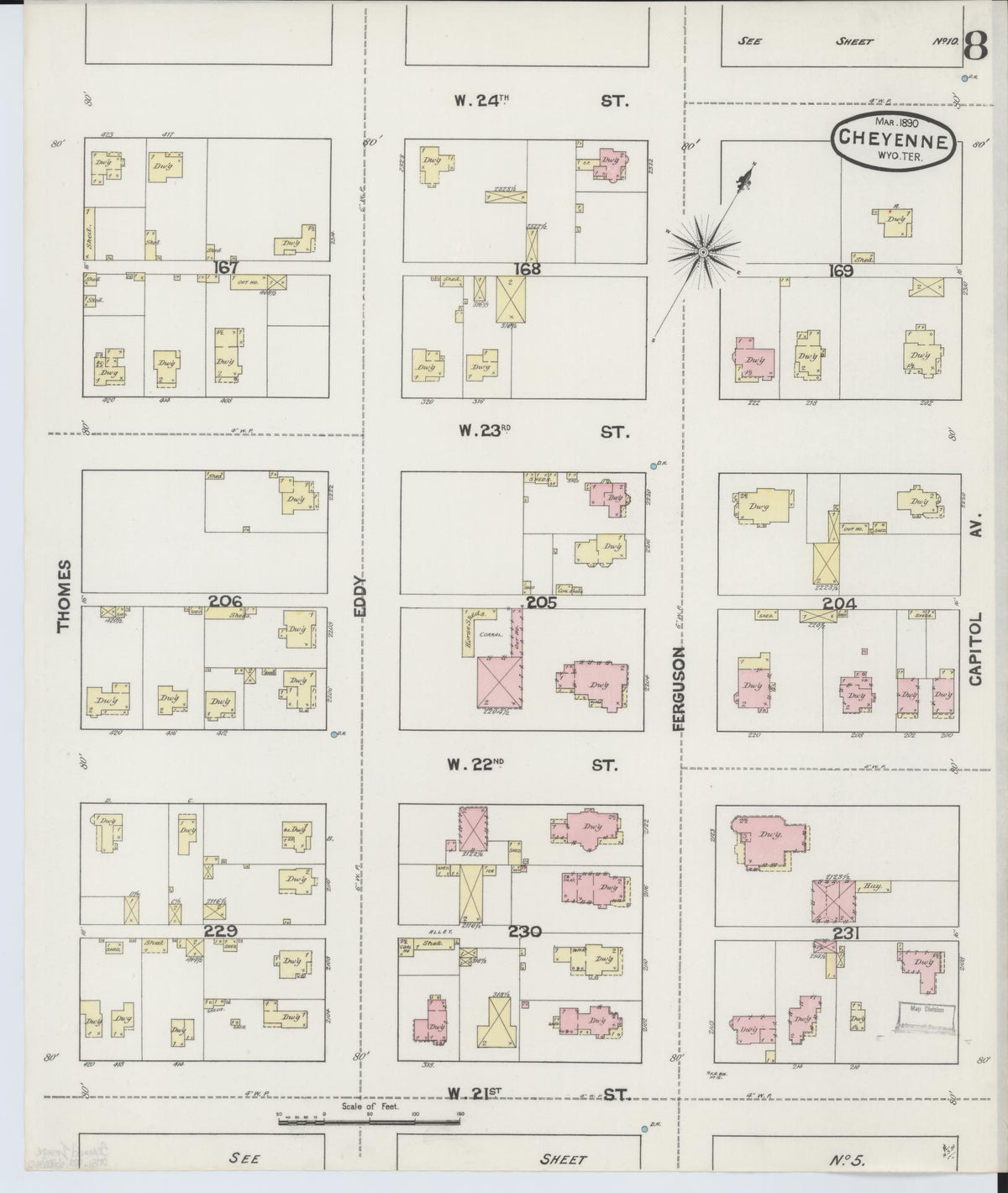 Sanborn Fire Insurance Map from Cheyenne, Laramie County, Wyoming (1890), Sheet #0008 - Complete Map Set gallery image, historic Sanborn map, vintage wall art, Wyoming Wyoming
