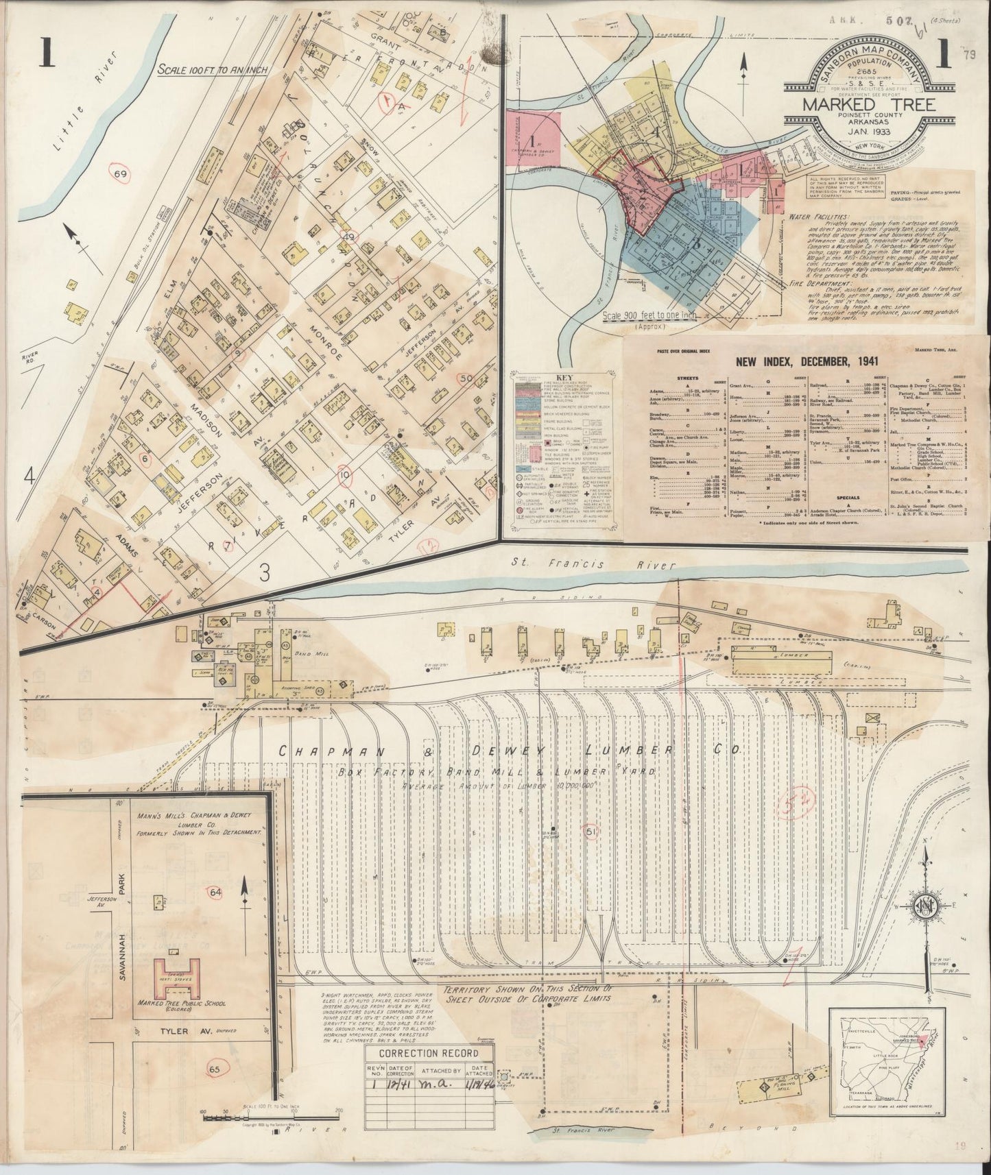 Sanborn Fire Insurance Map from Marked Tree, Poinsett County, Arkansas (1941), Sheet #0001 - Historic Sanborn Fire Insurance Map Print, vintage old map wall art, antique decor, genealogy gift, Arkansas Arkansas map