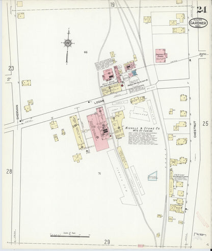 Sanborn Fire Insurance Map from Gardner, Worcester County, Massachusetts (1914), Sheet #0024 - Historic Sanborn Fire Insurance Map Print, vintage old map wall art, antique decor, genealogy gift, Massachusetts Massachusetts map