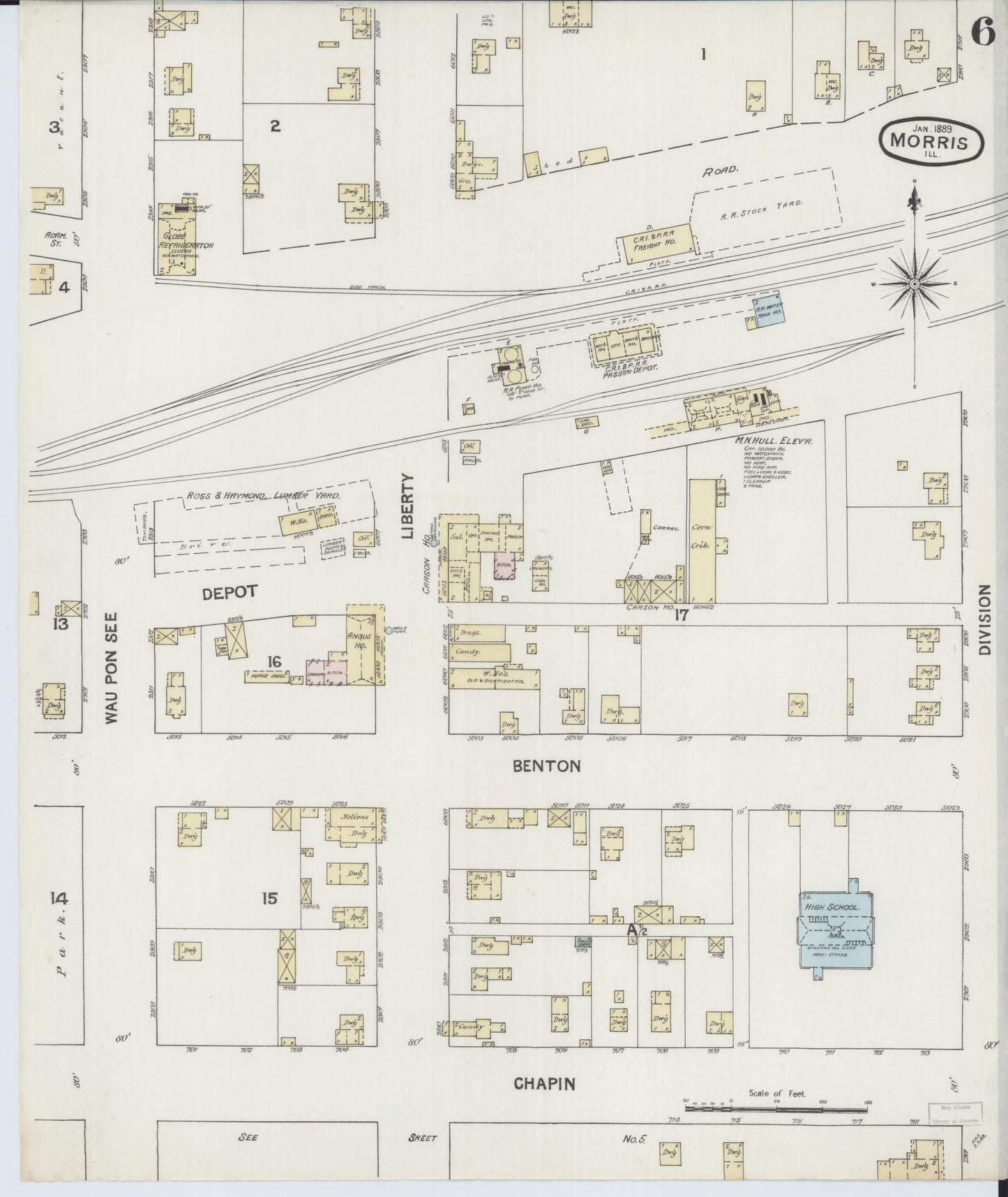 Sanborn Fire Insurance Map from Morris, Grundy County, Illinois (1889), Sheet #0006 - Complete Map Set gallery image, historic Sanborn map, vintage wall art, Illinois Illinois