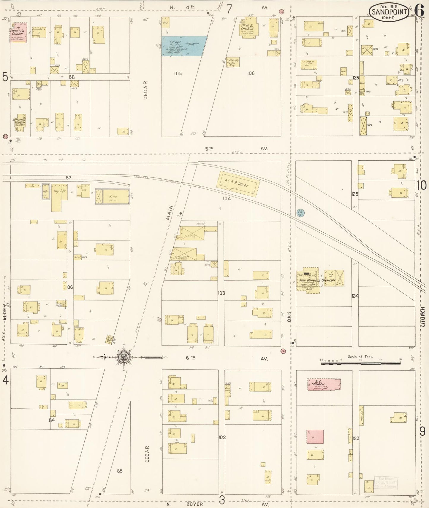 Sanborn Fire Insurance Map from Sandpoint, Bonner County, Idaho (1915), Sheet #0006 - Historic Sanborn Fire Insurance Map Print, vintage old map wall art, antique decor, genealogy gift, Idaho Idaho map
