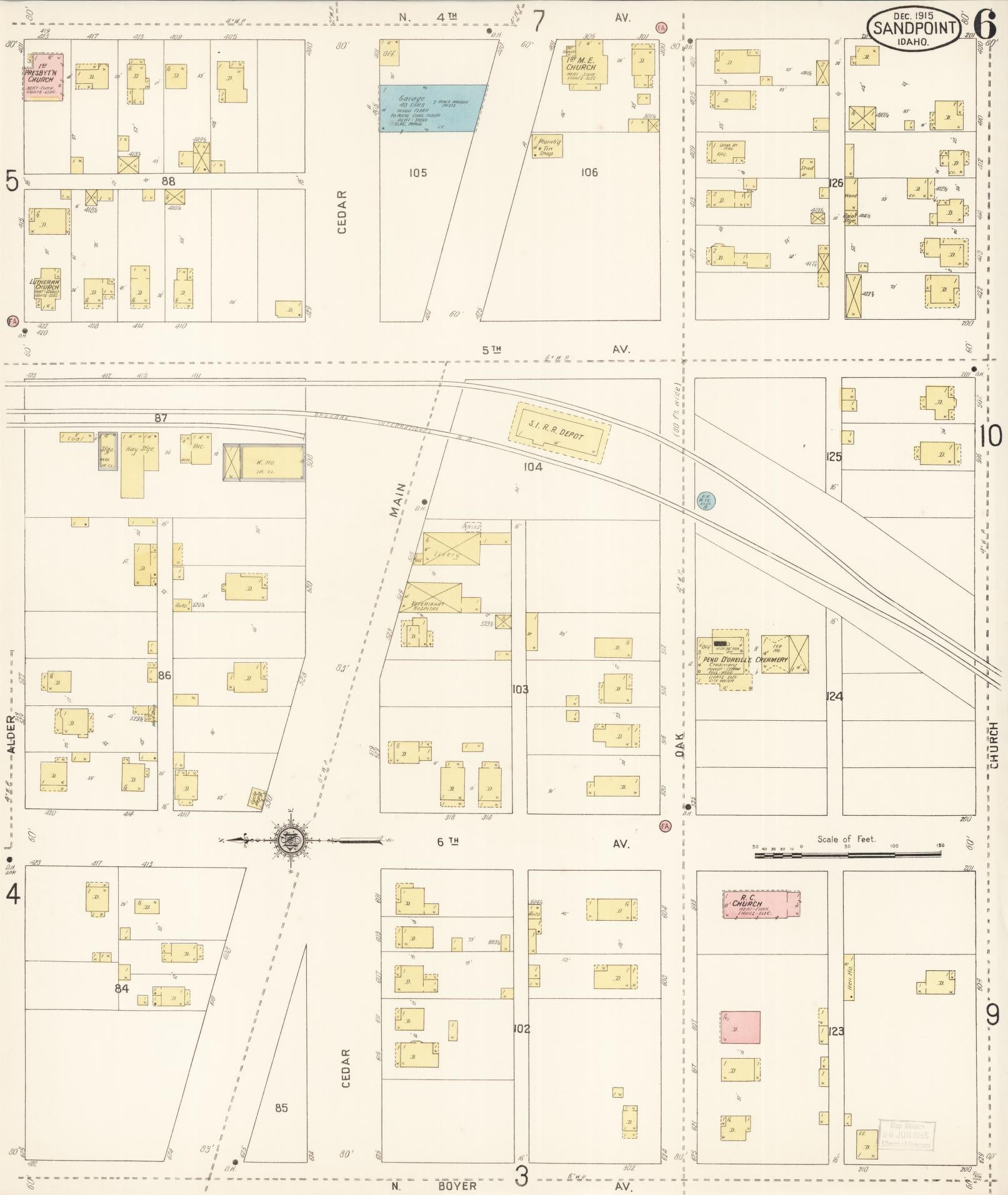 Sanborn Fire Insurance Map from Sandpoint, Bonner County, Idaho (1915), Sheet #0006 - Historic Sanborn Fire Insurance Map Print, vintage old map wall art, antique decor, genealogy gift, Idaho Idaho map