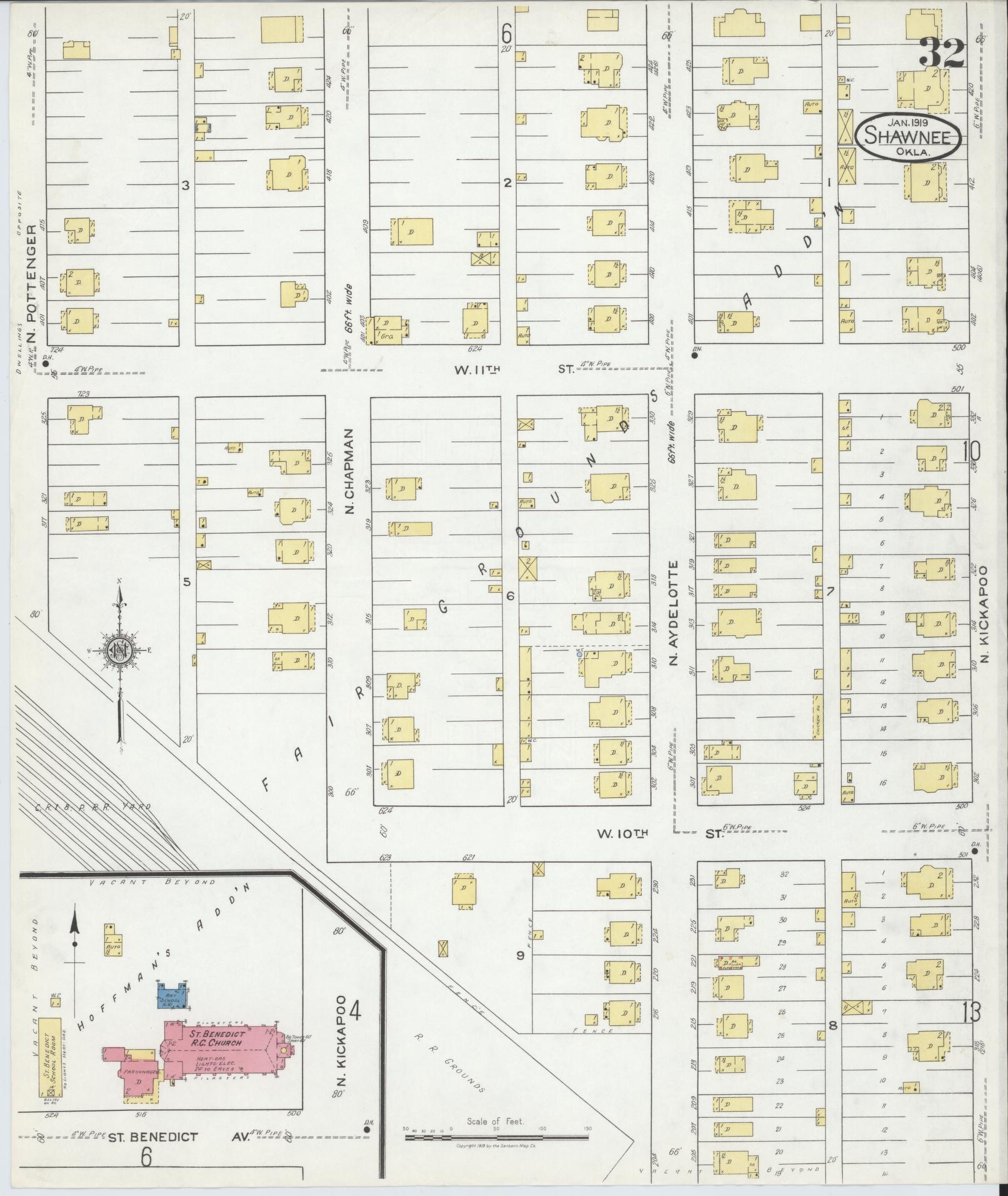 Sanborn Fire Insurance Map from Shawnee, Pottawatomie County, Oklahoma (1919), Sheet #0032 - Complete Map Set gallery image, historic Sanborn map, vintage wall art, Oklahoma Oklahoma