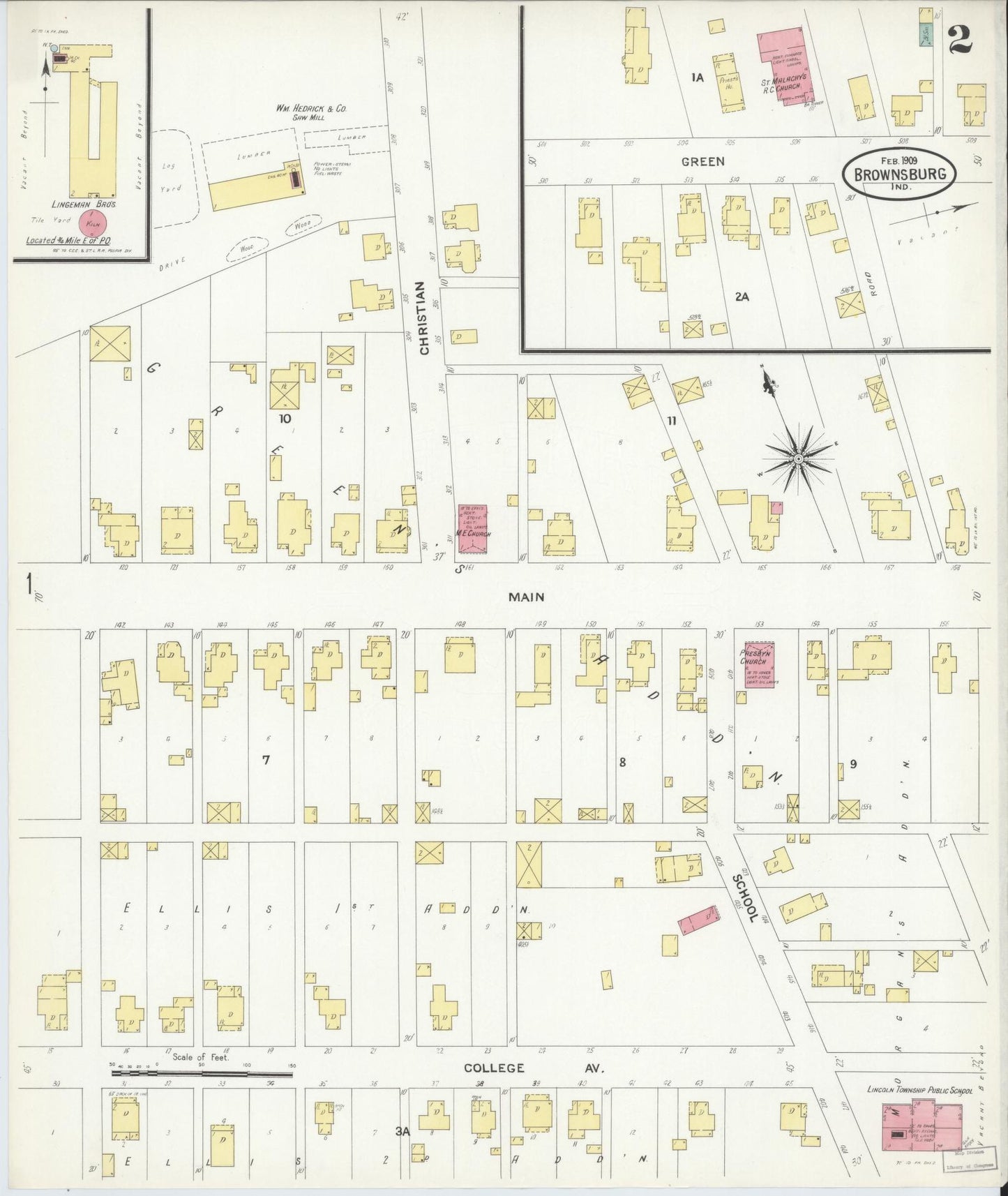 Sanborn Fire Insurance Map from Brownsburg, Hendricks County, Indiana (1909), Sheet #0002 - Complete Map Set gallery image, historic Sanborn map, vintage wall art, Indiana Indiana