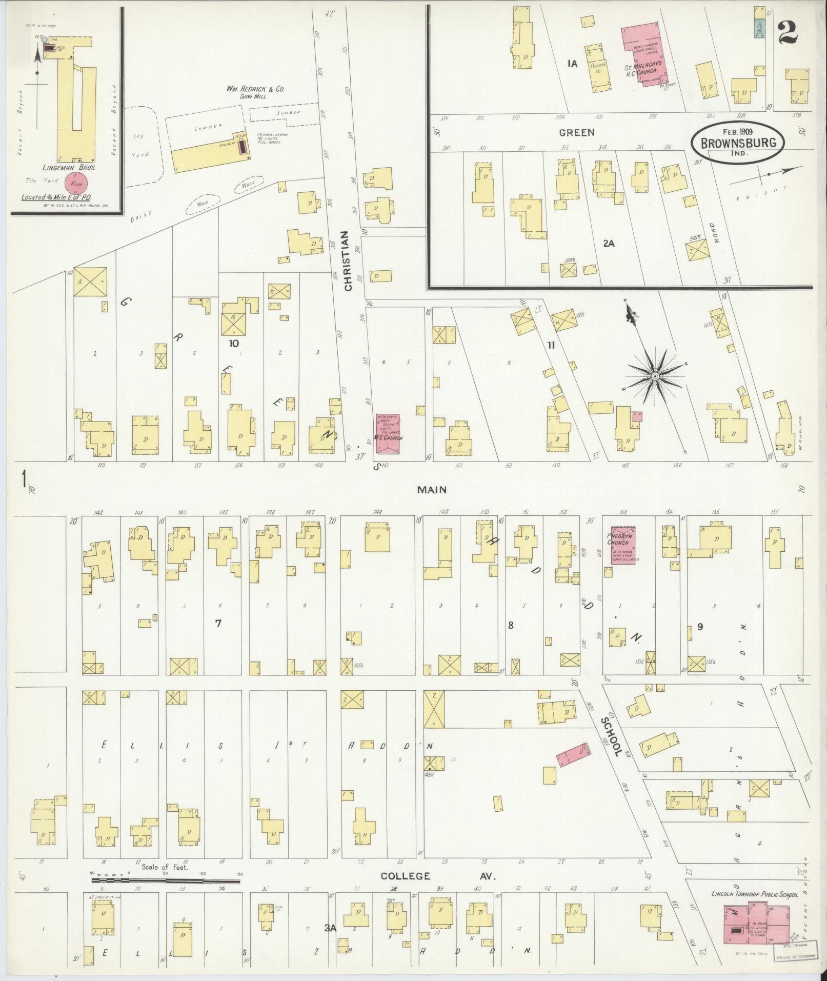 Sanborn Fire Insurance Map from Brownsburg, Hendricks County, Indiana (1909), Sheet #0002 - Complete Map Set gallery image, historic Sanborn map, vintage wall art, Indiana Indiana