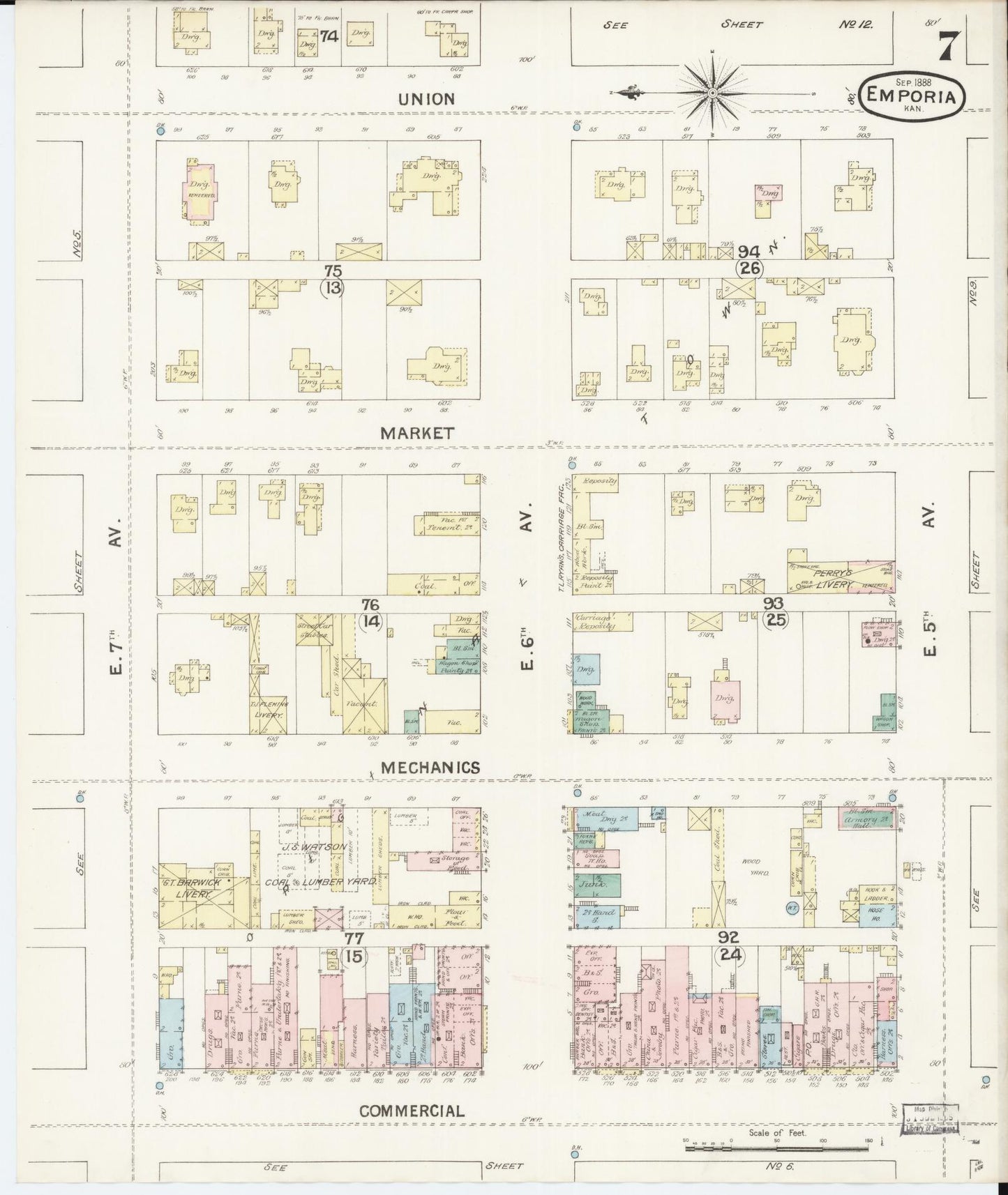 Sanborn Fire Insurance Map from Emporia, Lyon County, Kansas (1888), Sheet #0007 - Complete Map Set gallery image, historic Sanborn map, vintage wall art, Kansas Kansas