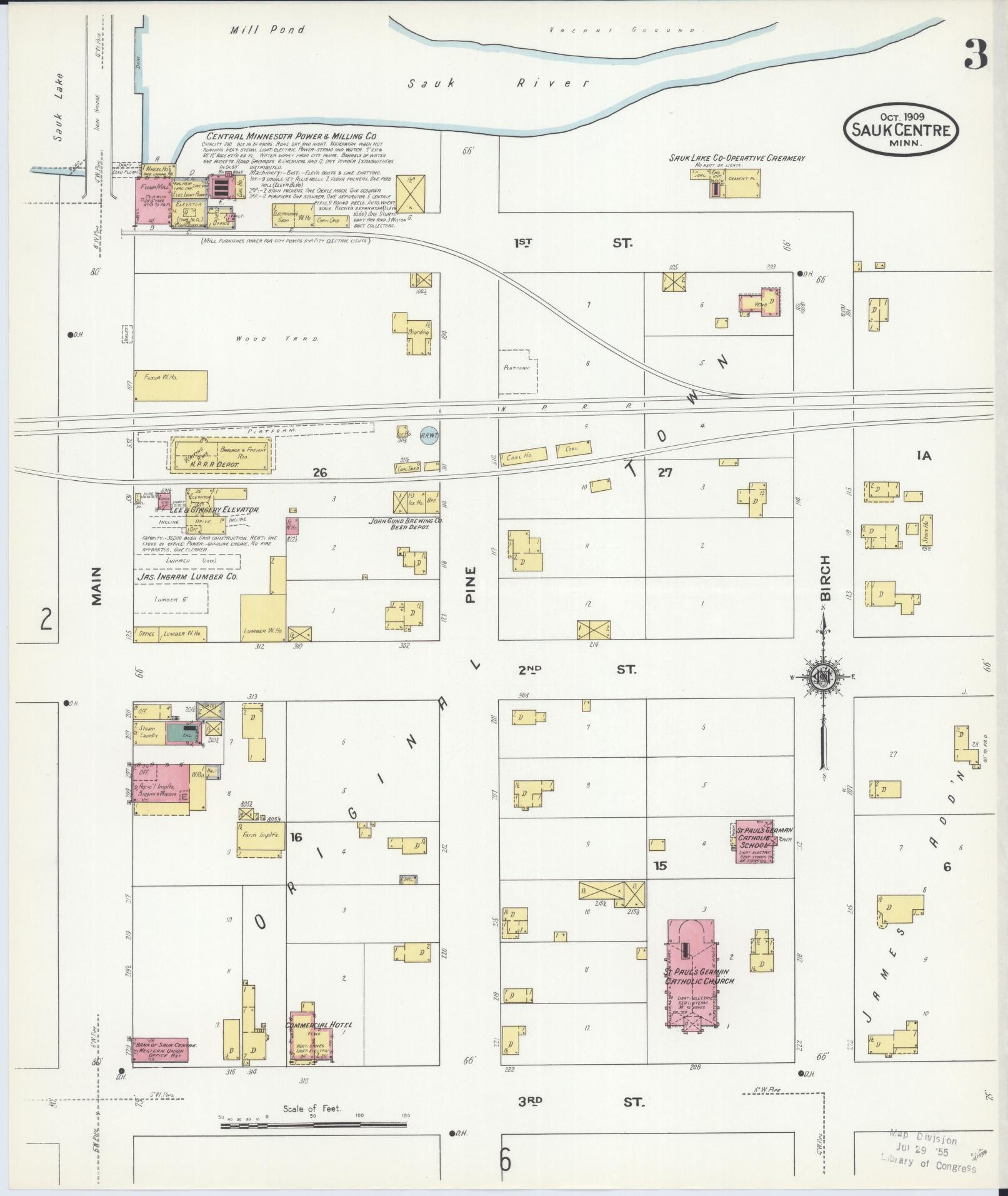 Sanborn Fire Insurance Map from Sauk Centre, Stearns County, Minnesota (1909), Sheet #0003 - Complete Map Set gallery image, historic Sanborn map, vintage wall art, Minnesota Minnesota