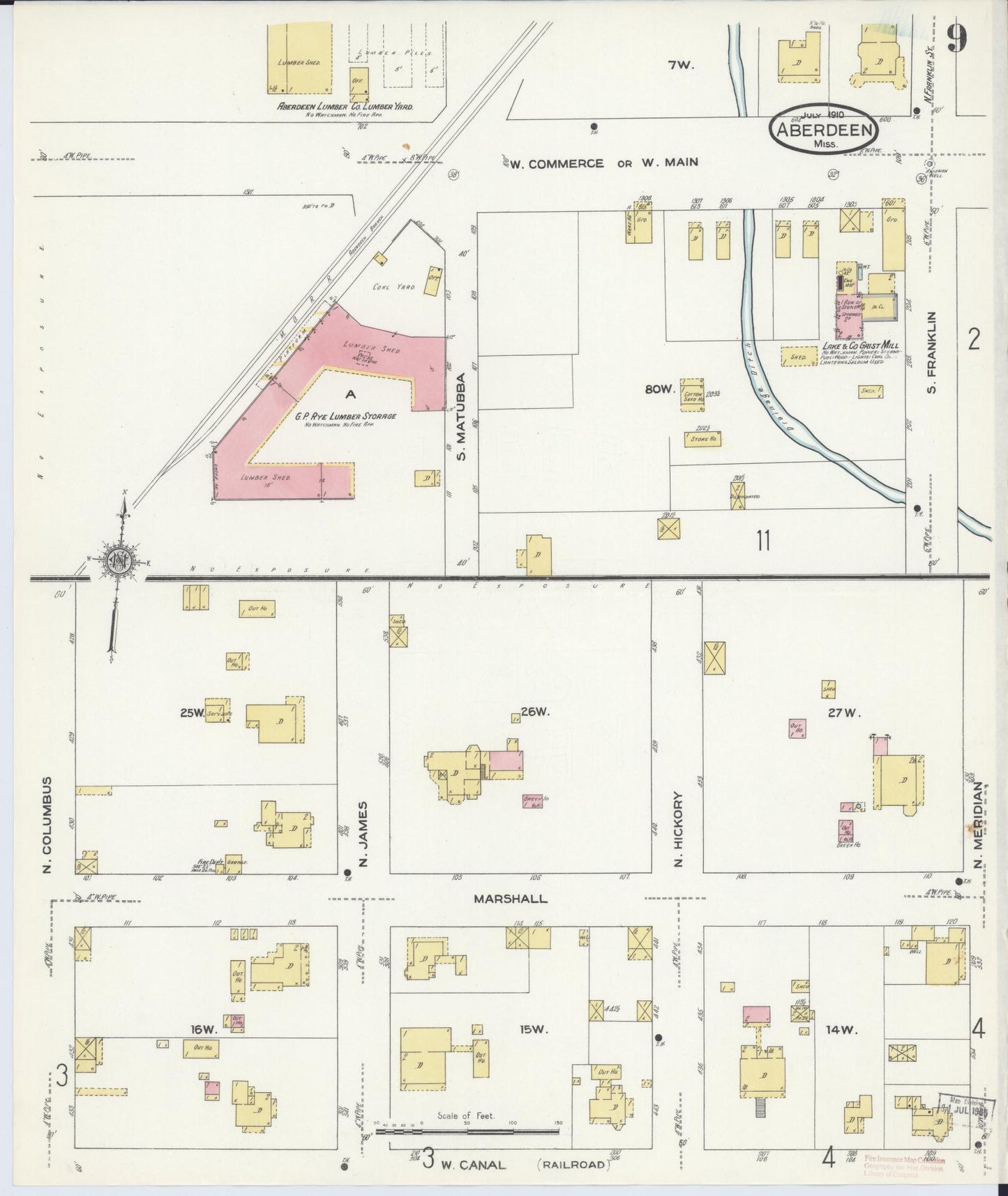 Sanborn Fire Insurance Map from Aberdeen, Monroe County, Mississippi (1910), Sheet #0009 - Complete Map Set gallery image, historic Sanborn map, vintage wall art, Mississippi Mississippi