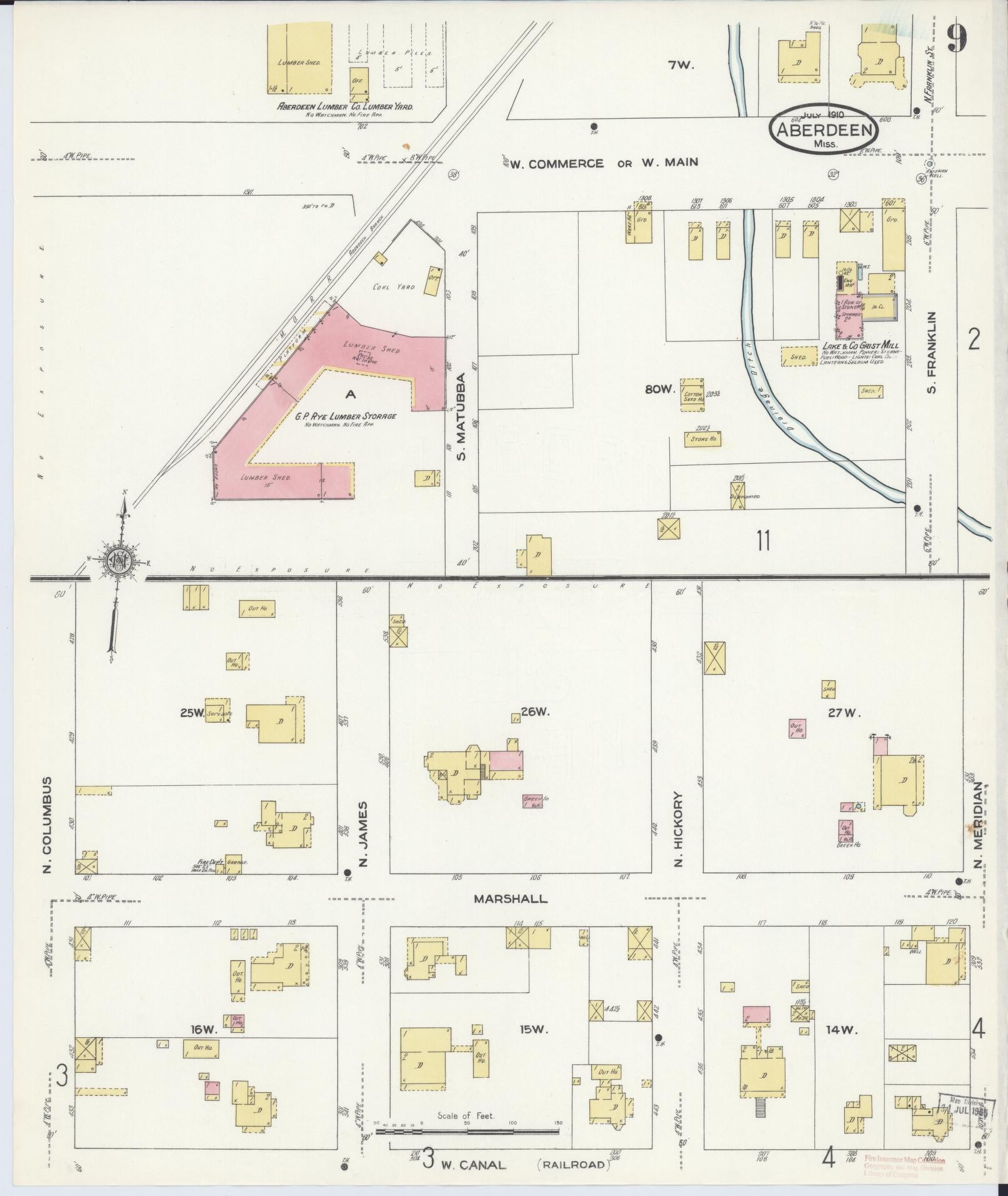 Sanborn Fire Insurance Map from Aberdeen, Monroe County, Mississippi (1910), Sheet #0009 - Complete Map Set gallery image, historic Sanborn map, vintage wall art, Mississippi Mississippi