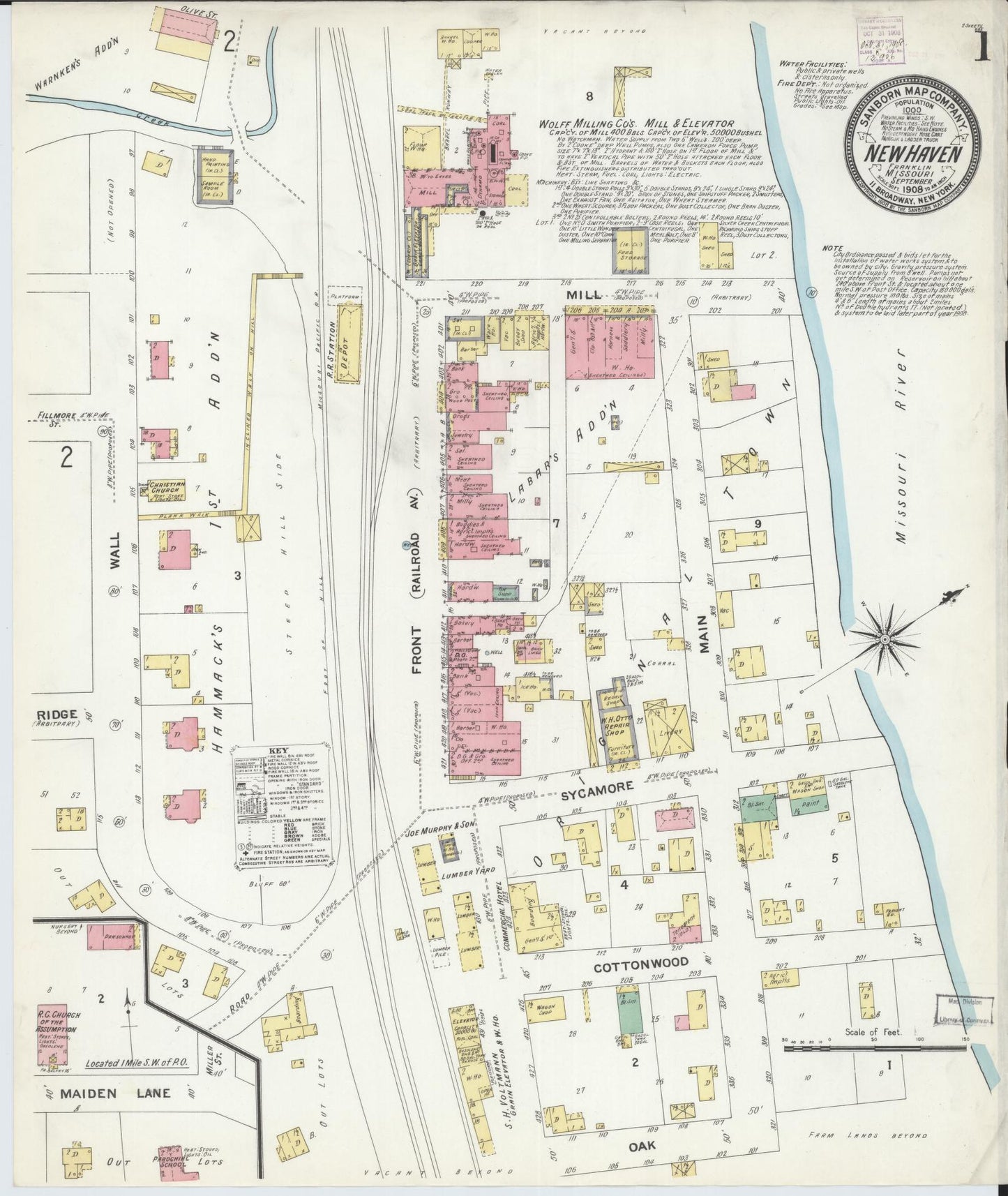 Sanborn Fire Insurance Map from New Haven, Franklin County, Missouri (1908), Sheet #0001 - Complete Map Set gallery image, historic Sanborn map, vintage wall art, Missouri Missouri