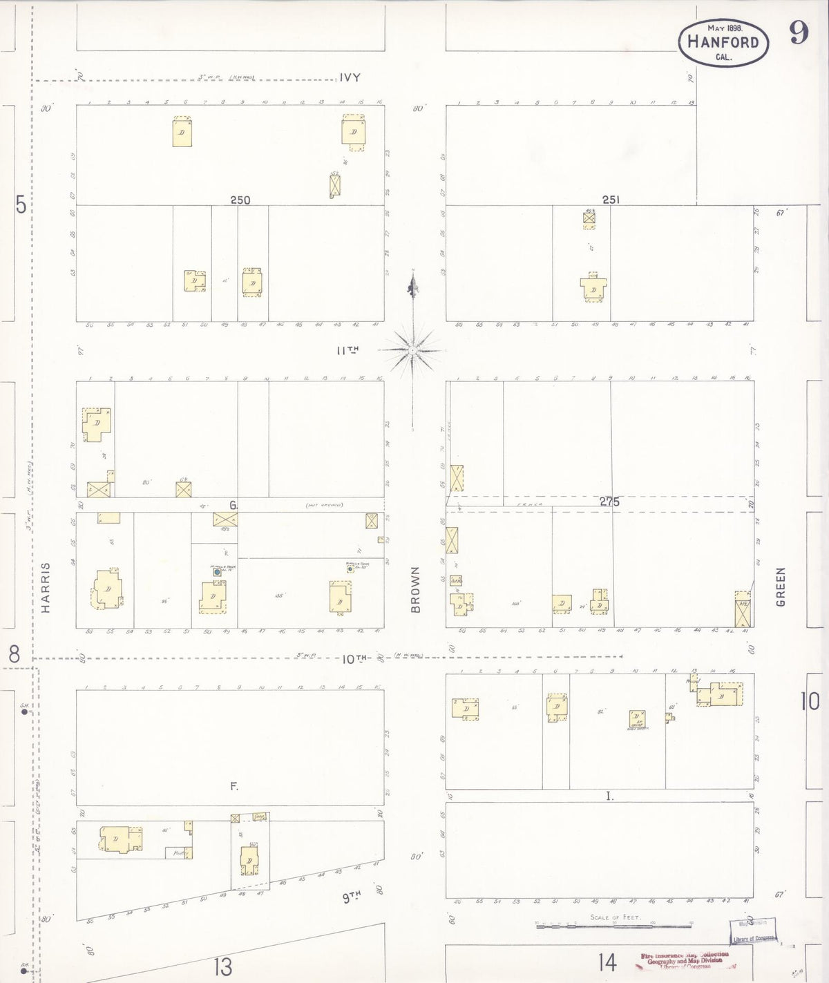 Sanborn Fire Insurance Map from Hanford, Kings County, California (1898), Sheet #0009 - Complete Map Set gallery image, historic Sanborn map, vintage wall art, California California