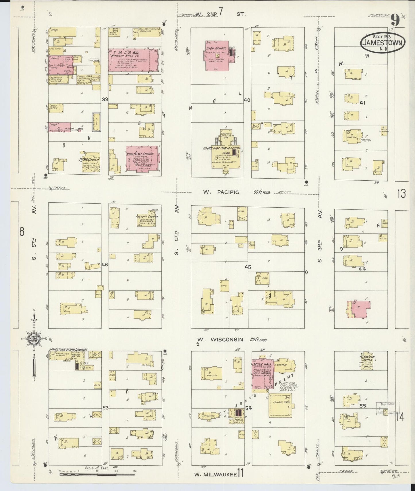 Sanborn Fire Insurance Map from Jamestown, Stutsman County, North Dakota (1913), Sheet #0009 - Historic Sanborn Fire Insurance Map Print, vintage old map wall art, antique decor, genealogy gift, North Dakota North Dakota map