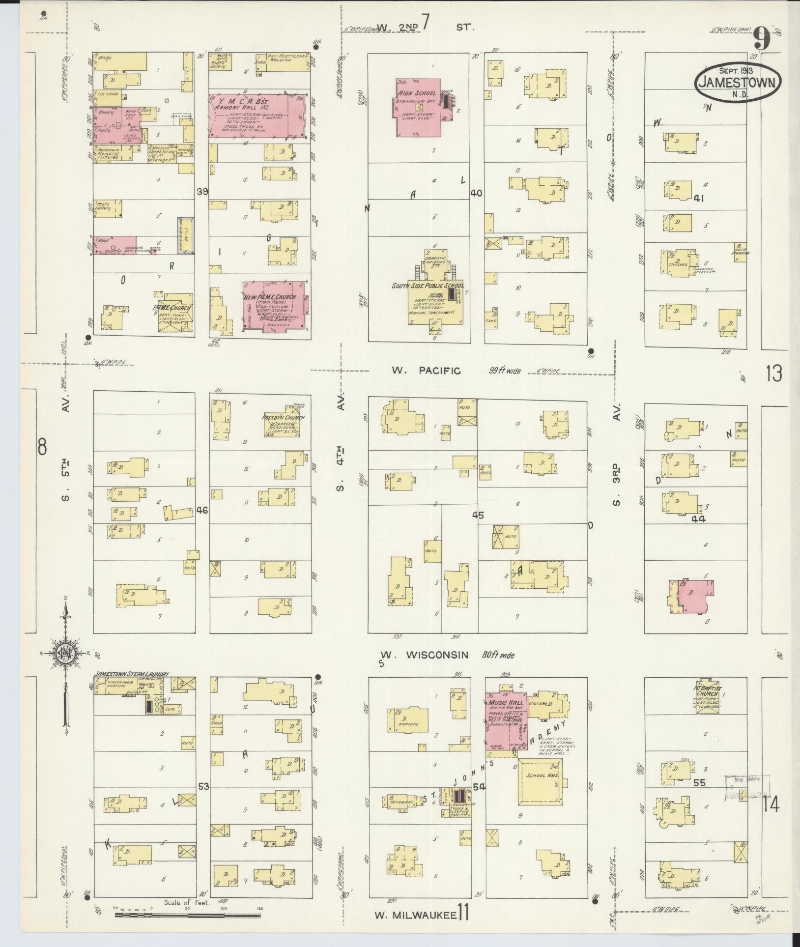 Sanborn Fire Insurance Map from Jamestown, Stutsman County, North Dakota (1913), Sheet #0009 - Historic Sanborn Fire Insurance Map Print, vintage old map wall art, antique decor, genealogy gift, North Dakota North Dakota map