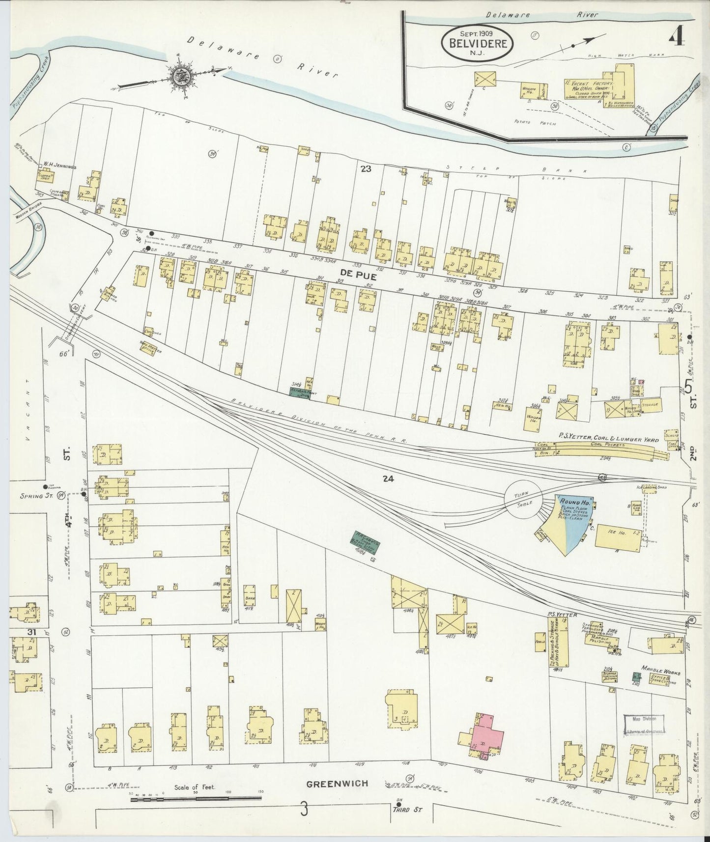 Sanborn Fire Insurance Map from Belvidere, Warren County, New Jersey (1909), Sheet #0004 - Historic Sanborn Fire Insurance Map Print, vintage old map wall art, antique decor, genealogy gift, Pennsylvania Pennsylvania map