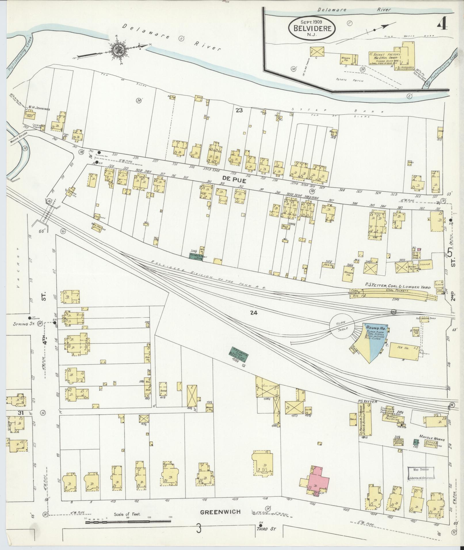 Sanborn Fire Insurance Map from Belvidere, Warren County, New Jersey (1909), Sheet #0004 - Historic Sanborn Fire Insurance Map Print, vintage old map wall art, antique decor, genealogy gift, Pennsylvania Pennsylvania map