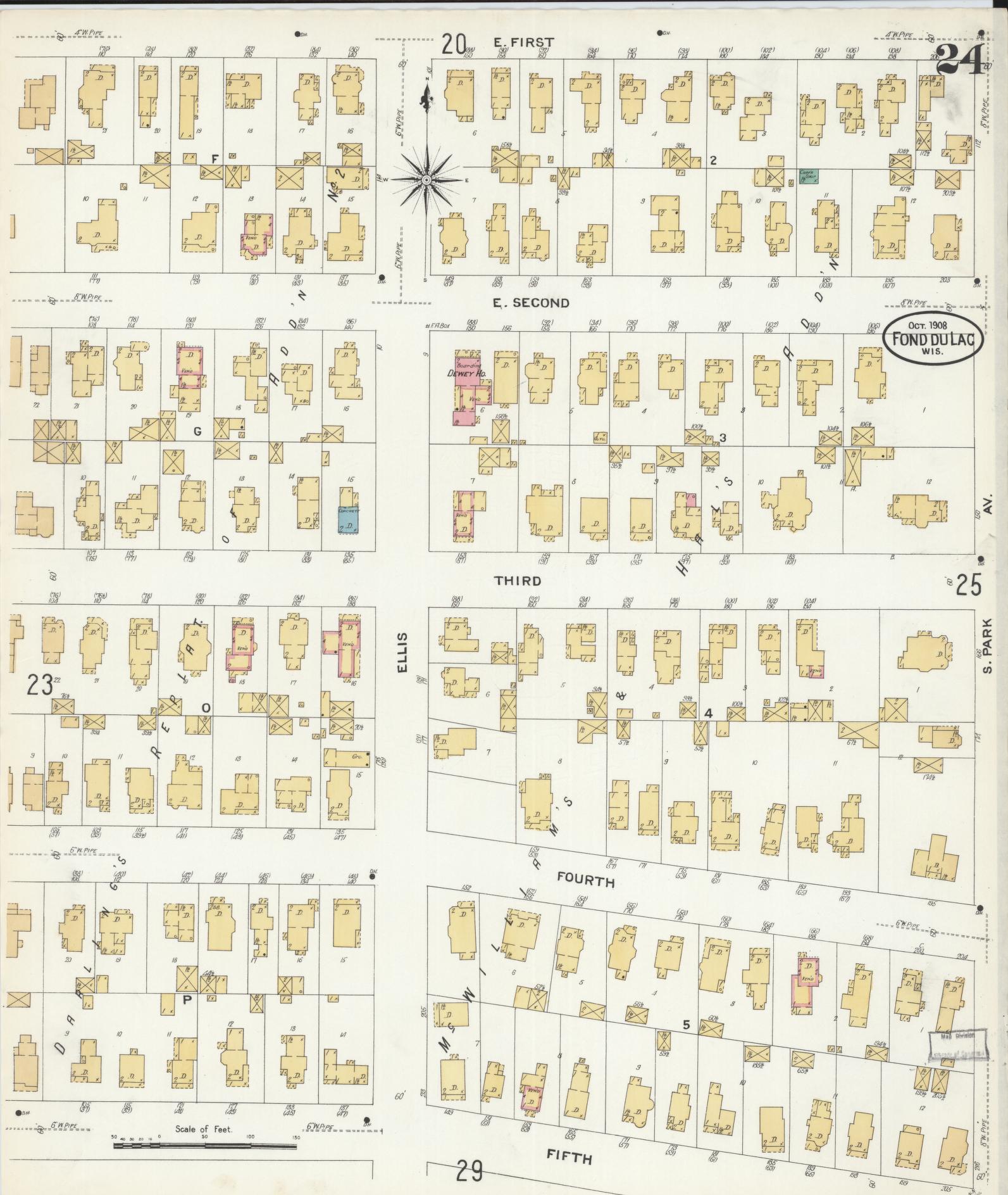 Sanborn Fire Insurance Map from Fond du Lac, Fond du Lac County, Wisconsin (1908), Sheet #0024 - Complete Map Set gallery image, historic Sanborn map, vintage wall art, Wisconsin Wisconsin
