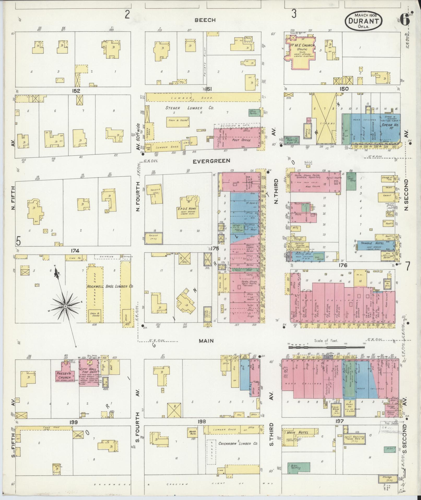 Sanborn Fire Insurance Map from Durant, Bryan County, Oklahoma (1908), Sheet #0006 - Historic Sanborn Fire Insurance Map Print, vintage old map wall art, antique decor, genealogy gift, Oklahoma Oklahoma map