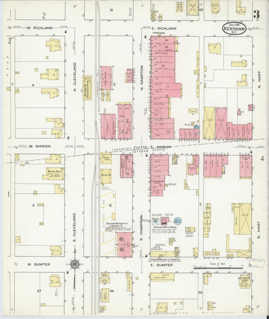 Sanborn Fire Insurance Map from Kershaw, Kershaw And Lancaster Counties, South Carolina (1916), Sheet #0003 - Historic Sanborn Fire Insurance Map Print, vintage old map wall art, antique decor, genealogy gift, South Carolina South Carolina map