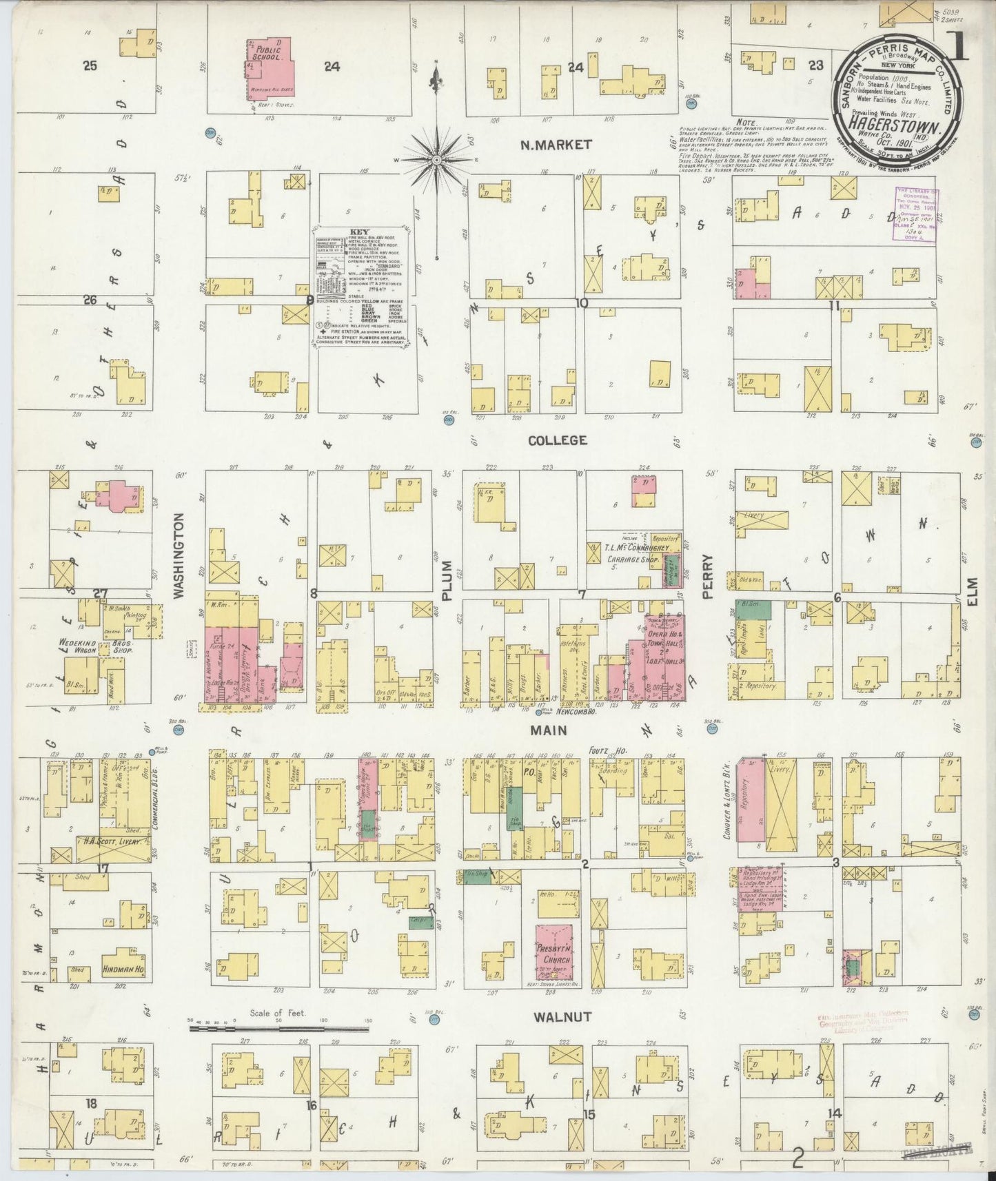 Sanborn Fire Insurance Map from Hagerstown, Wayne County, Indiana (1901), Sheet #0001 - Complete Map Set gallery image, historic Sanborn map, vintage wall art, Indiana Indiana