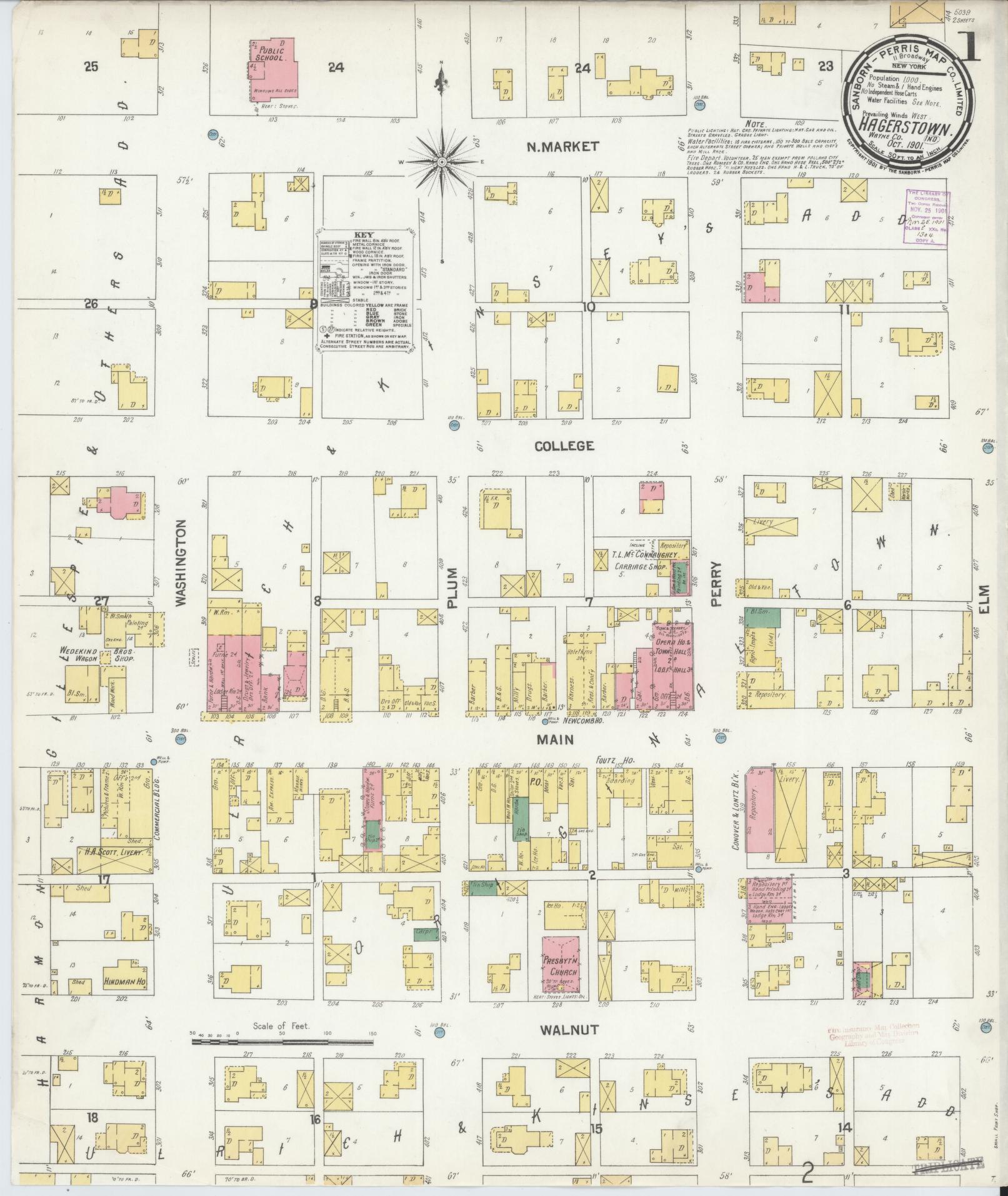 Sanborn Fire Insurance Map from Hagerstown, Wayne County, Indiana (1901), Sheet #0001 - Complete Map Set gallery image, historic Sanborn map, vintage wall art, Indiana Indiana