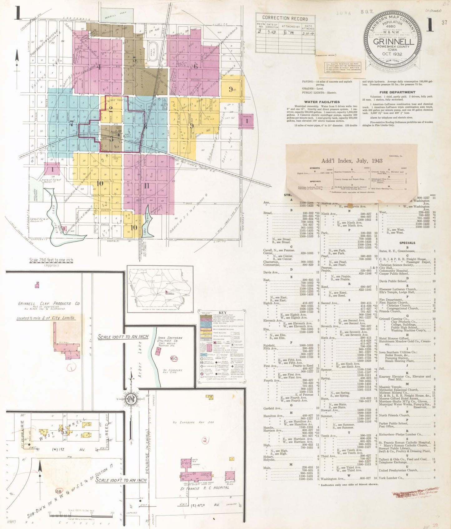 Sanborn Fire Insurance Map from Grinnell, Poweshiek County, Iowa (1943), Sheet #0001 - Historic Sanborn Fire Insurance Map Print, vintage old map wall art