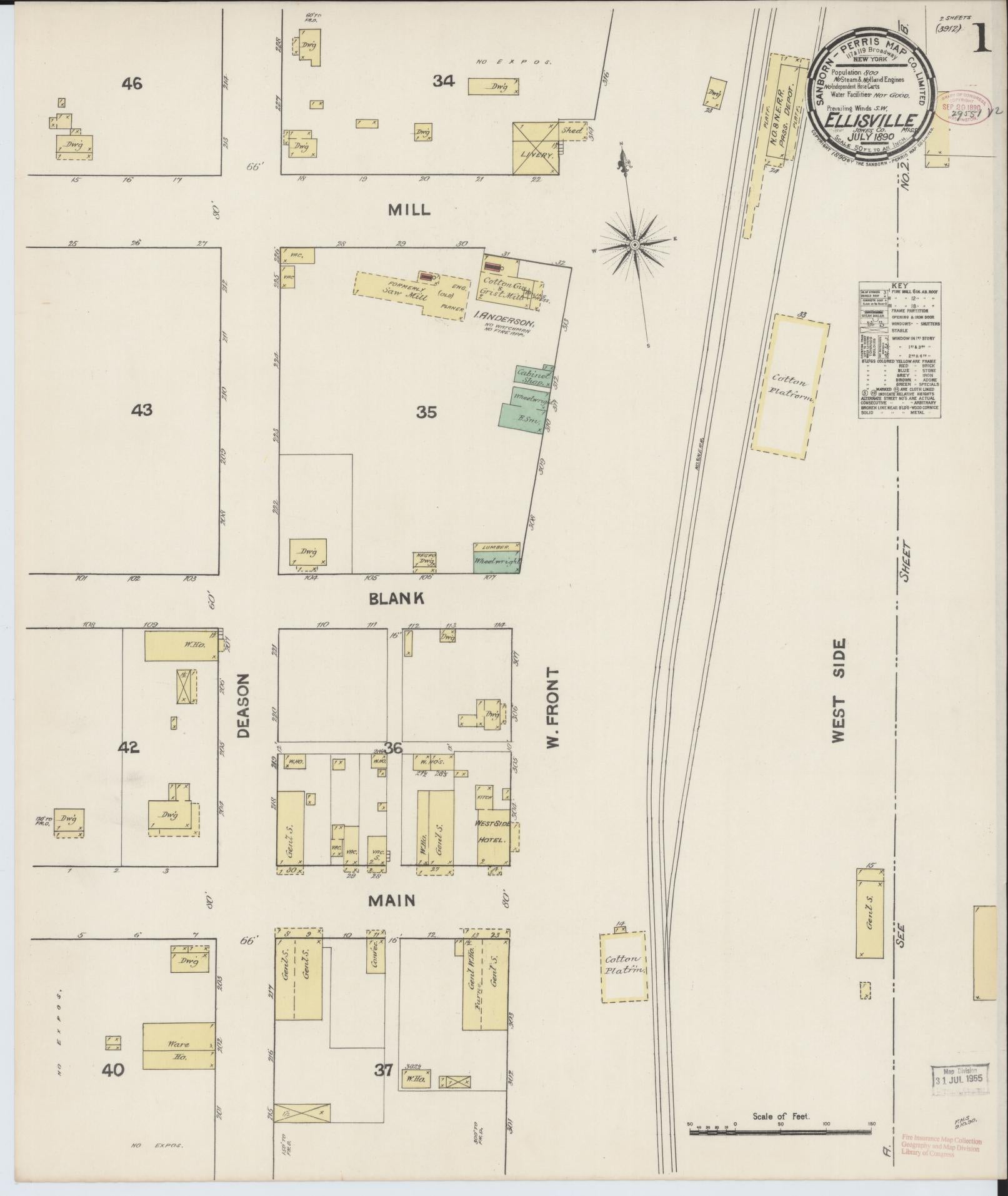 Sanborn Fire Insurance Map from Ellisville, Jones County, Mississippi (1890), Sheet #0001 - Complete Map Set gallery image, historic Sanborn map, vintage wall art, Mississippi Mississippi