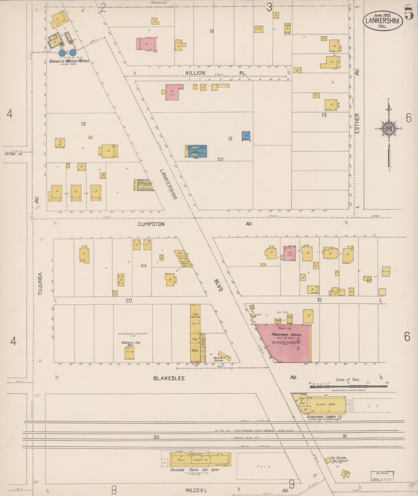 Sanborn Fire Insurance Map from Lankershim, Los Angeles County, California (1922), Sheet #0005 - Historic Sanborn Fire Insurance Map Print, vintage old map wall art, antique decor, genealogy gift, California California map
