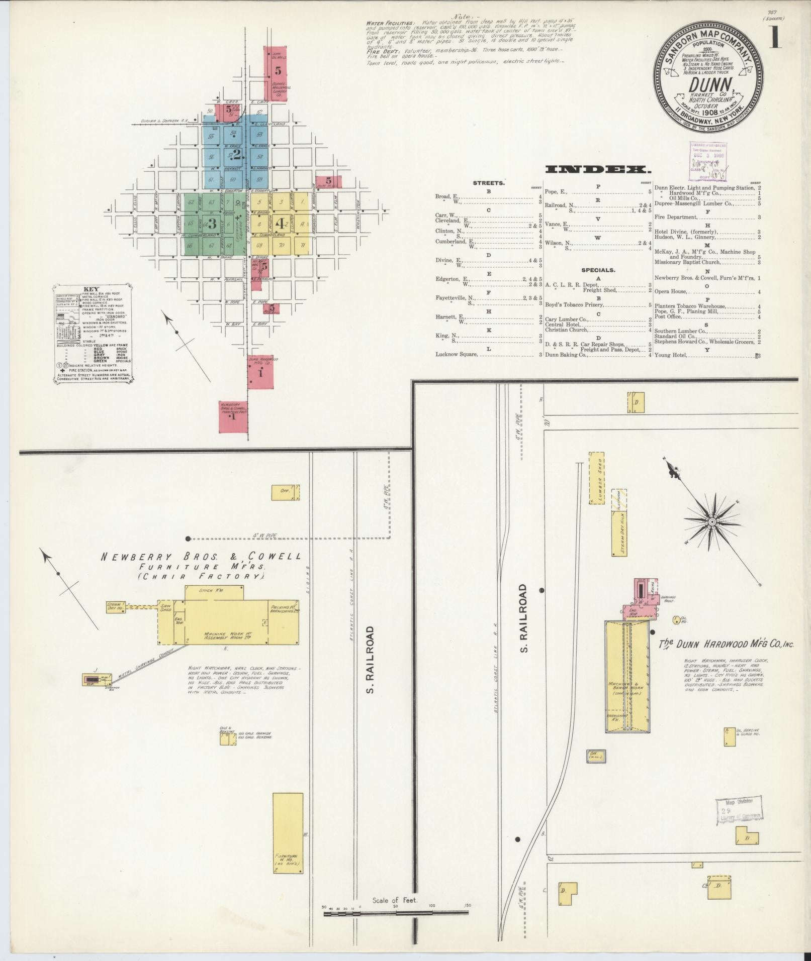 Sanborn Fire Insurance Map from Dunn, Harnett County, North Carolina (1908), Sheet #0001 - Complete Map Set gallery image, historic Sanborn map, vintage wall art, North Carolina North Carolina