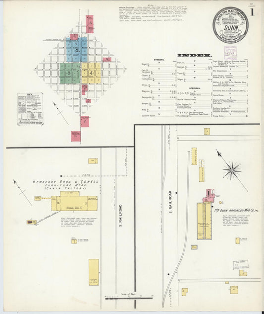 Sanborn Fire Insurance Map from Dunn, Harnett County, North Carolina (1908), Sheet #0001 - Complete Map Set gallery image, historic Sanborn map, vintage wall art, North Carolina North Carolina
