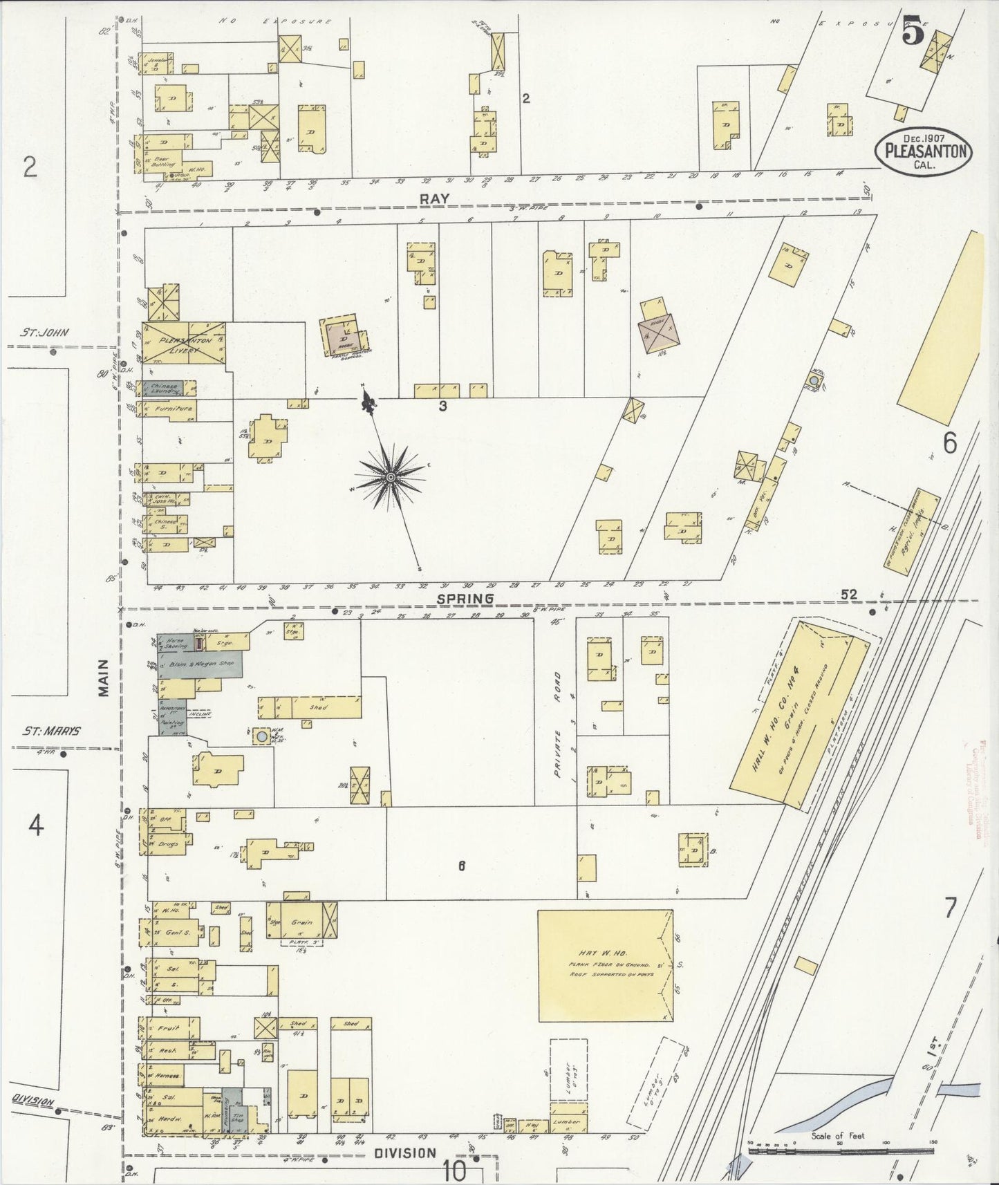 Sanborn Fire Insurance Map from Pleasanton, Alameda County, California (1907), Sheet #0005 - Complete Map Set gallery image, historic Sanborn map, vintage wall art, California California