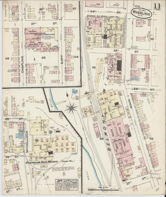 Sanborn Fire Insurance Map from Wheeling, Ohio County, West Virginia (1884), Sheet #0011 - Historic Sanborn Fire Insurance Map Print, vintage old map wall art, antique decor, genealogy gift, West Virginia West Virginia map