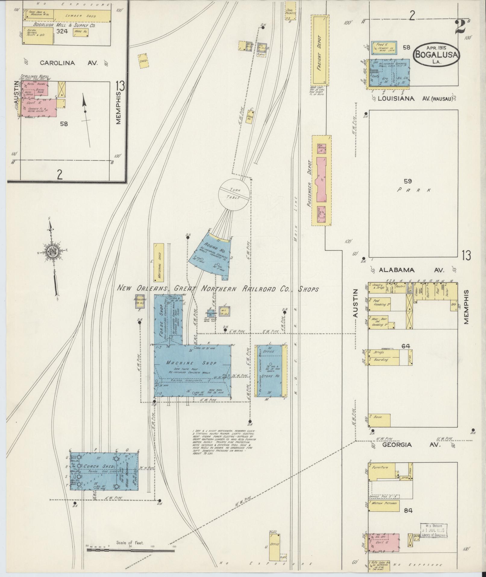 Sanborn Fire Insurance Map from Bogalusa, Washington Parish, Louisiana (1915), Sheet #0002 - Complete Map Set gallery image, historic Sanborn map, vintage wall art, Louisiana Louisiana