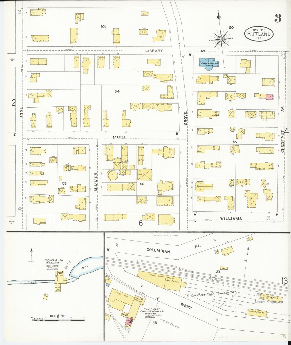 Sanborn Fire Insurance Map from Rutland, Rutland County, Vermont (1905), Sheet #0003 - Complete Map Set gallery image, historic Sanborn map, vintage wall art, Vermont Vermont