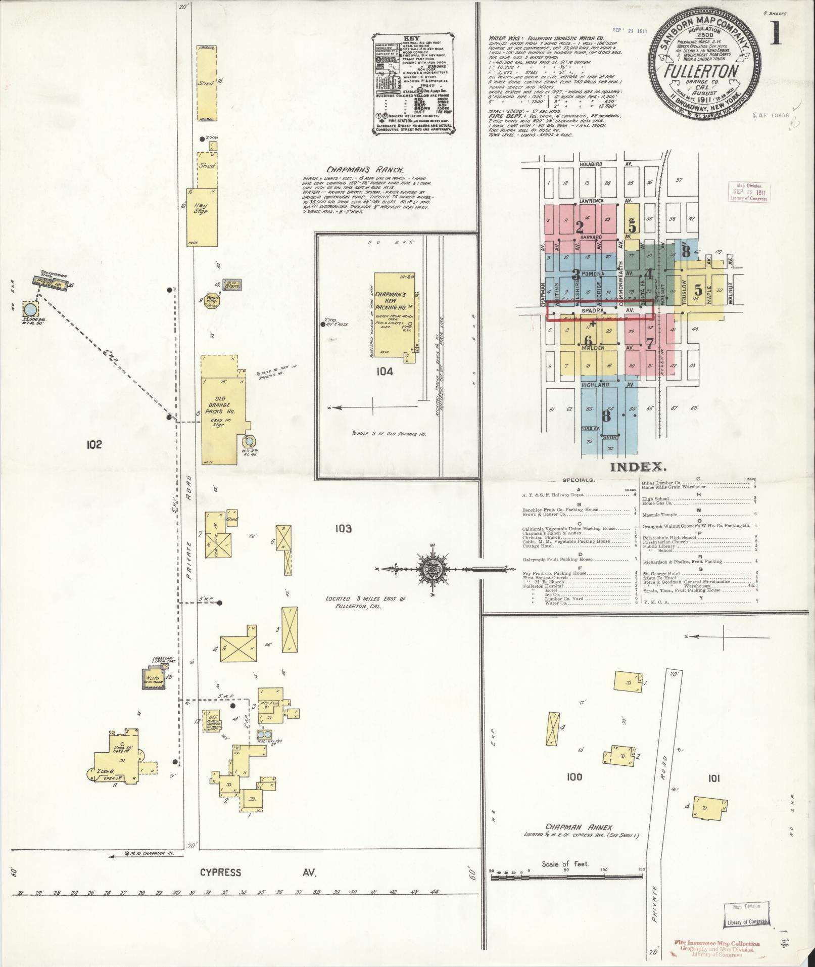 Sanborn Fire Insurance Map from Fullerton, Orange County, California (1911), Sheet #0001 - Historic Sanborn Fire Insurance Map Print, vintage old map wall art, antique decor, genealogy gift, California California map
