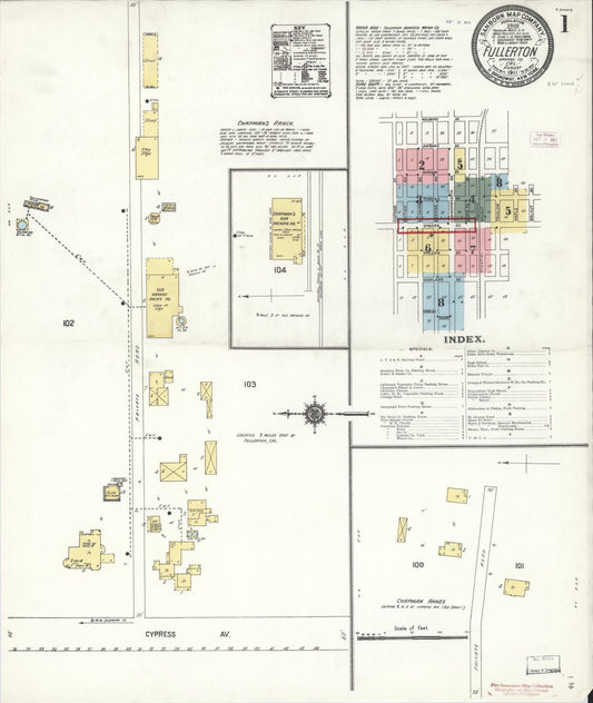 Sanborn Fire Insurance Map from Fullerton, Orange County, California (1911), Sheet #0001 - Historic Sanborn Fire Insurance Map Print, vintage old map wall art, antique decor, genealogy gift, California California map
