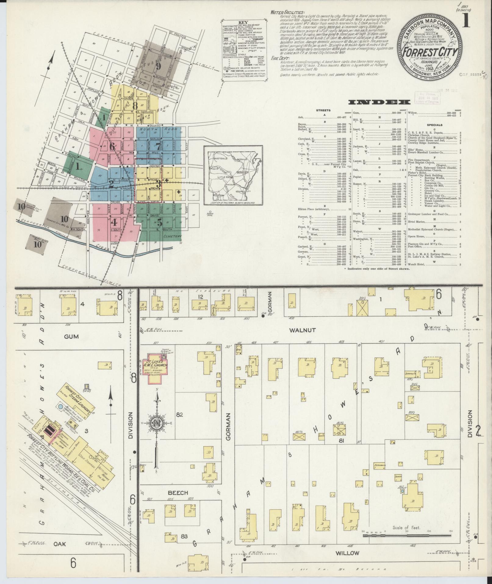 Sanborn Fire Insurance Map from Forrest City, Saint Francis County, Arkansas (1913), Sheet #0001 - Complete Map Set gallery image, historic Sanborn map, vintage wall art, Arkansas Arkansas