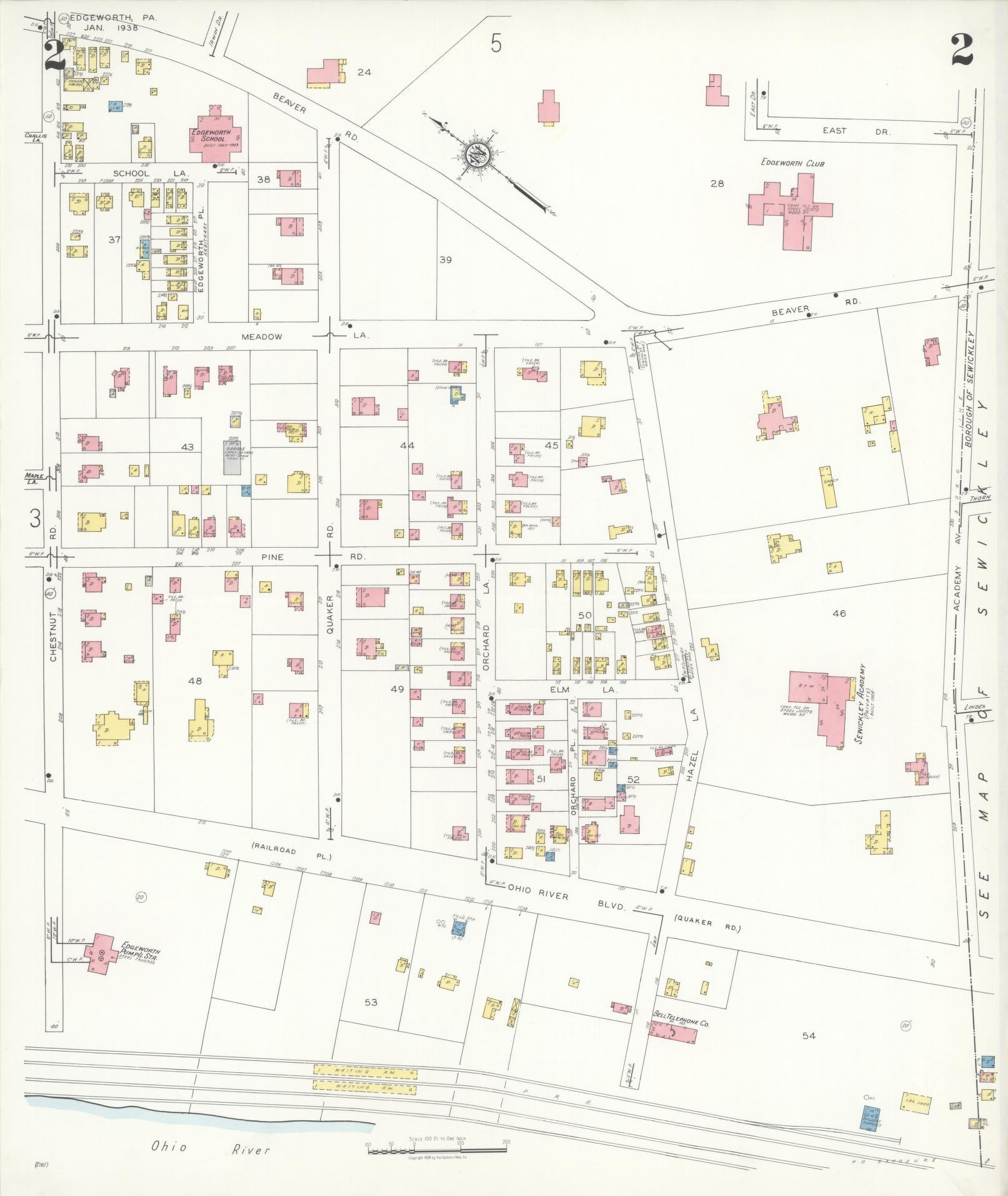 Sanborn Fire Insurance Map from Edgeworth, Allegheny County, Pennsylvania (1938), Sheet #0002 - Historic Sanborn Fire Insurance Map Print, vintage old map wall art, antique decor, genealogy gift, Pennsylvania Pennsylvania map