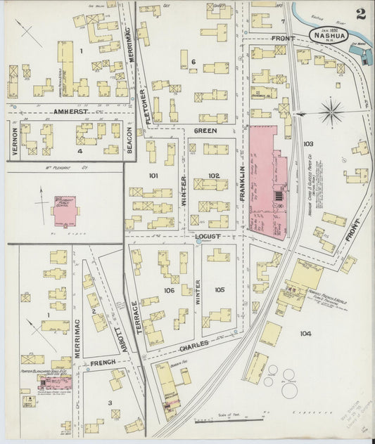 Sanborn Fire Insurance Map from Nashua, Hillsborough County, New Hampshire (1892), Sheet #0002 - Historic Sanborn Fire Insurance Map Print, vintage old map wall art, antique decor, genealogy gift, New Hampshire New Hampshire map