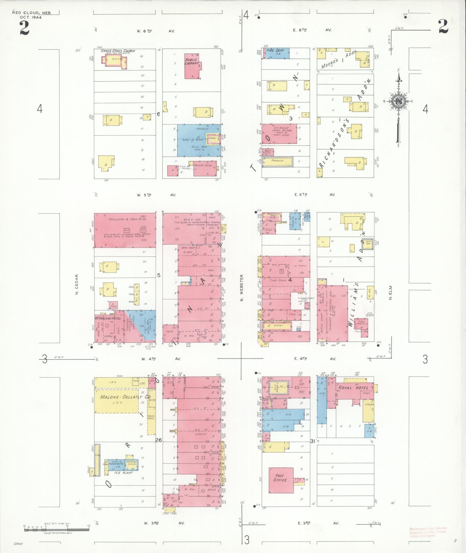 Sanborn Fire Insurance Map from Red Cloud, Webster County, Nebraska (1944), Sheet #0002 - Complete Map Set gallery image, historic Sanborn map, vintage wall art, Nebraska Nebraska