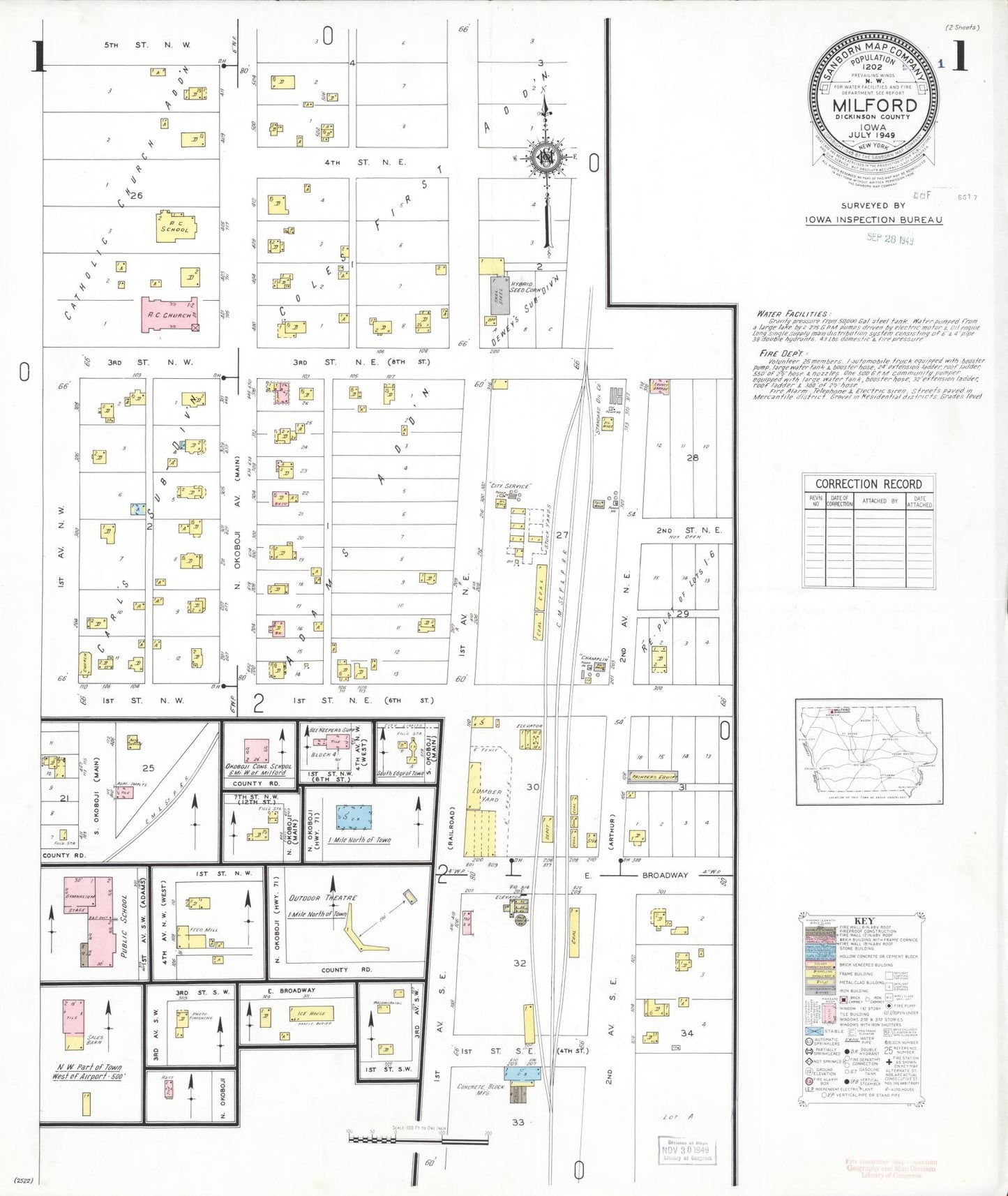 Sanborn Fire Insurance Map from Milford, Dickinson County, Iowa (1949), Sheet #0001 - Historic Sanborn Fire Insurance Map Print