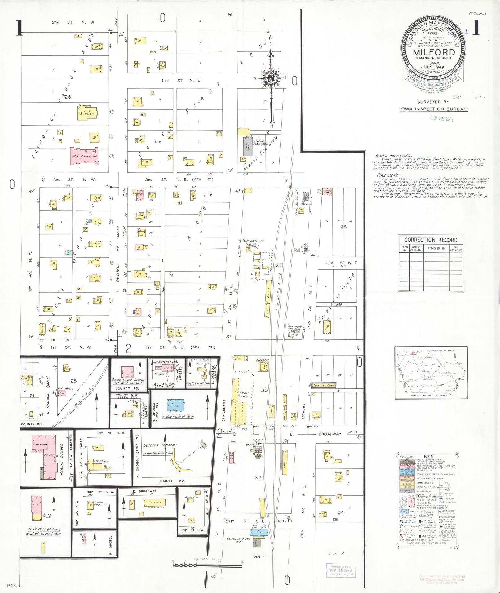 Sanborn Fire Insurance Map from Milford, Dickinson County, Iowa (1949), Sheet #0001 - Historic Sanborn Fire Insurance Map Print