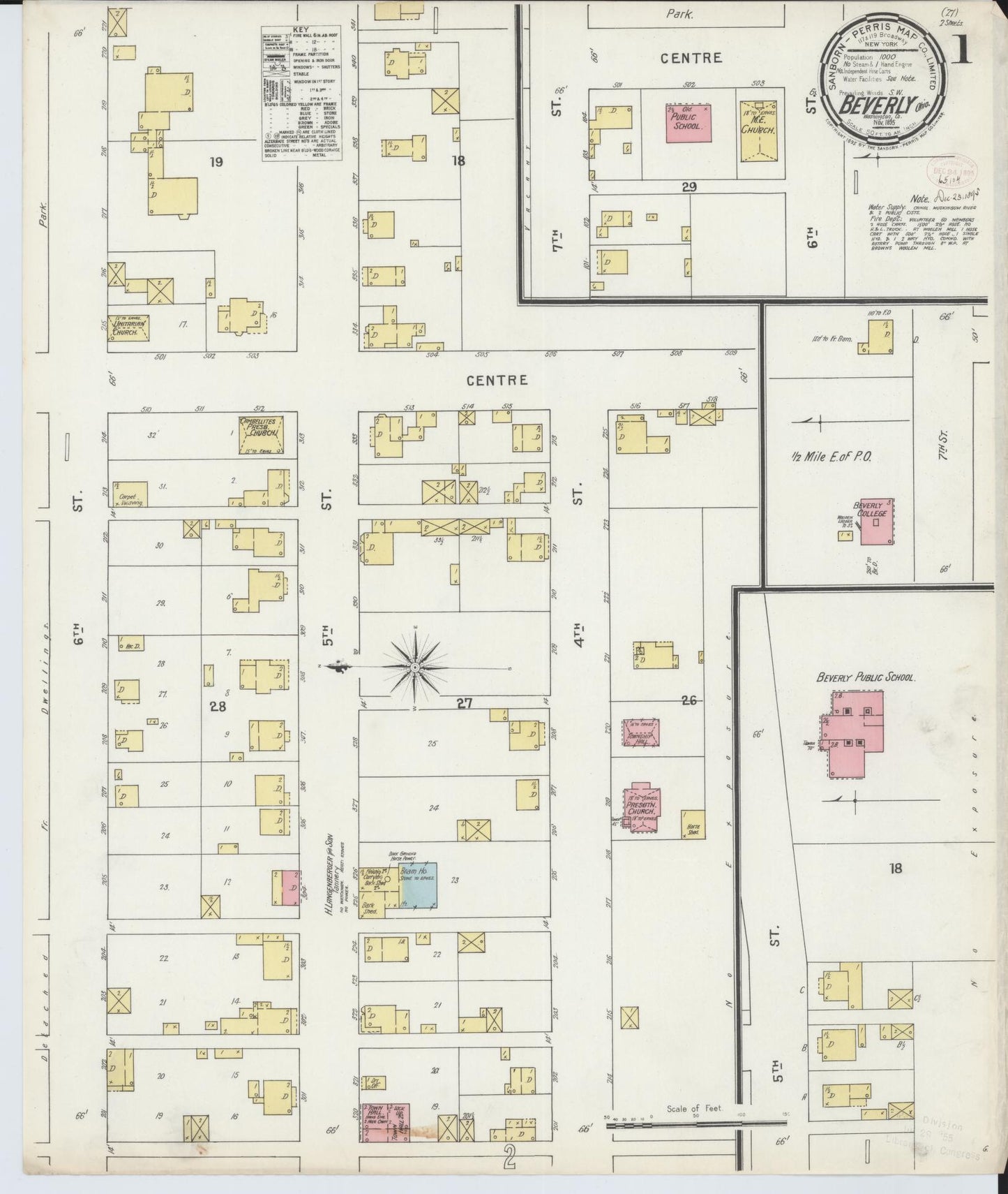 Sanborn Fire Insurance Map from Beverly, Washington County, Ohio (1895), Sheet #0001 - Historic Sanborn Fire Insurance Map Print, vintage old map wall art, antique decor, genealogy gift, Ohio Ohio map