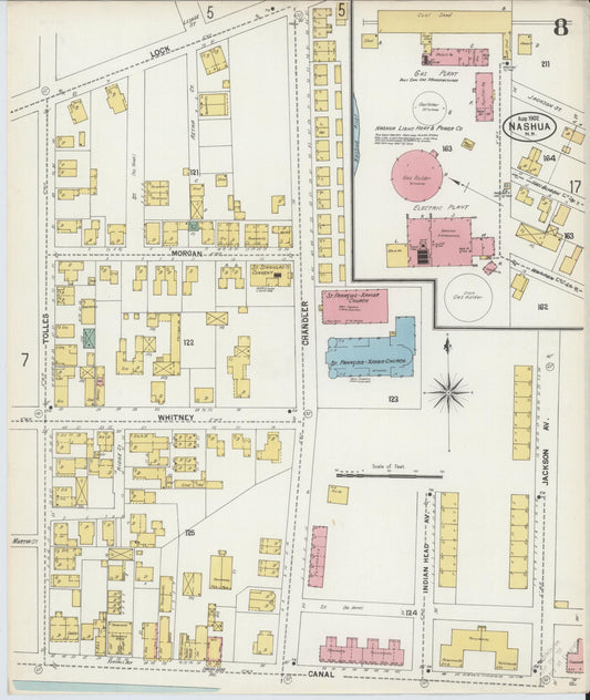 Sanborn Fire Insurance Map from Nashua, Hillsborough County, New Hampshire (1902), Sheet #0008 - Historic Sanborn Fire Insurance Map Print, vintage old map wall art, antique decor, genealogy gift, New Hampshire New Hampshire map