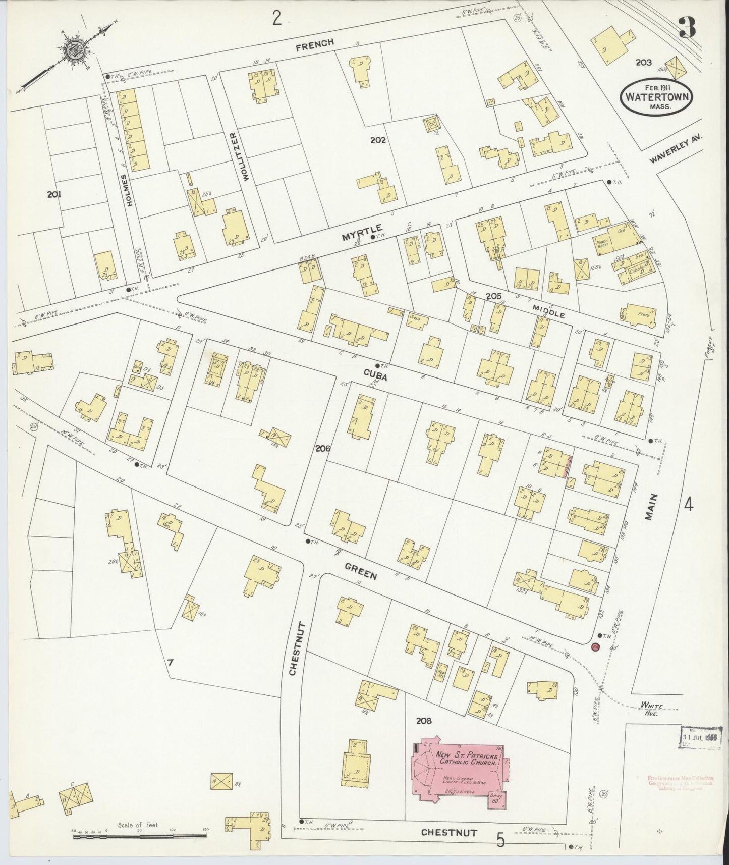 Sanborn Fire Insurance Map from Watertown, Middlesex County, Massachusetts (1911), Sheet #0003 - Historic Sanborn Fire Insurance Map Print, vintage old map wall art, antique decor, genealogy gift, Massachusetts Massachusetts map